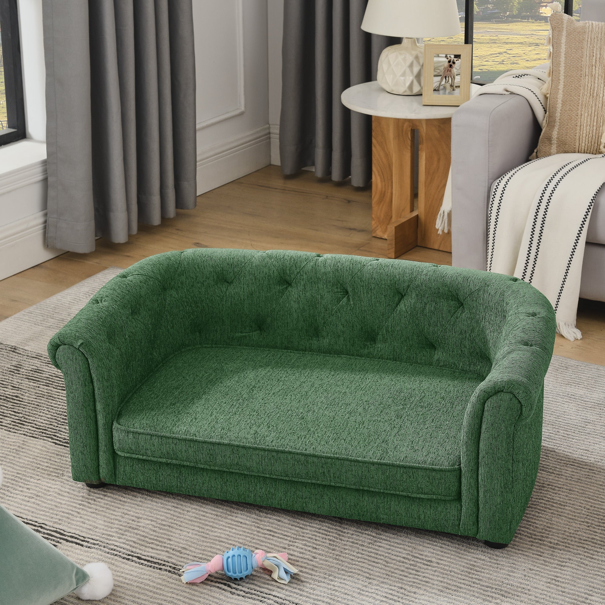 Pet sofa with arc-shaped backrest and armrests, contemporary rectangular pet sofa crafted from breathable linen  cozy soft cushion dog sofa --GREEN