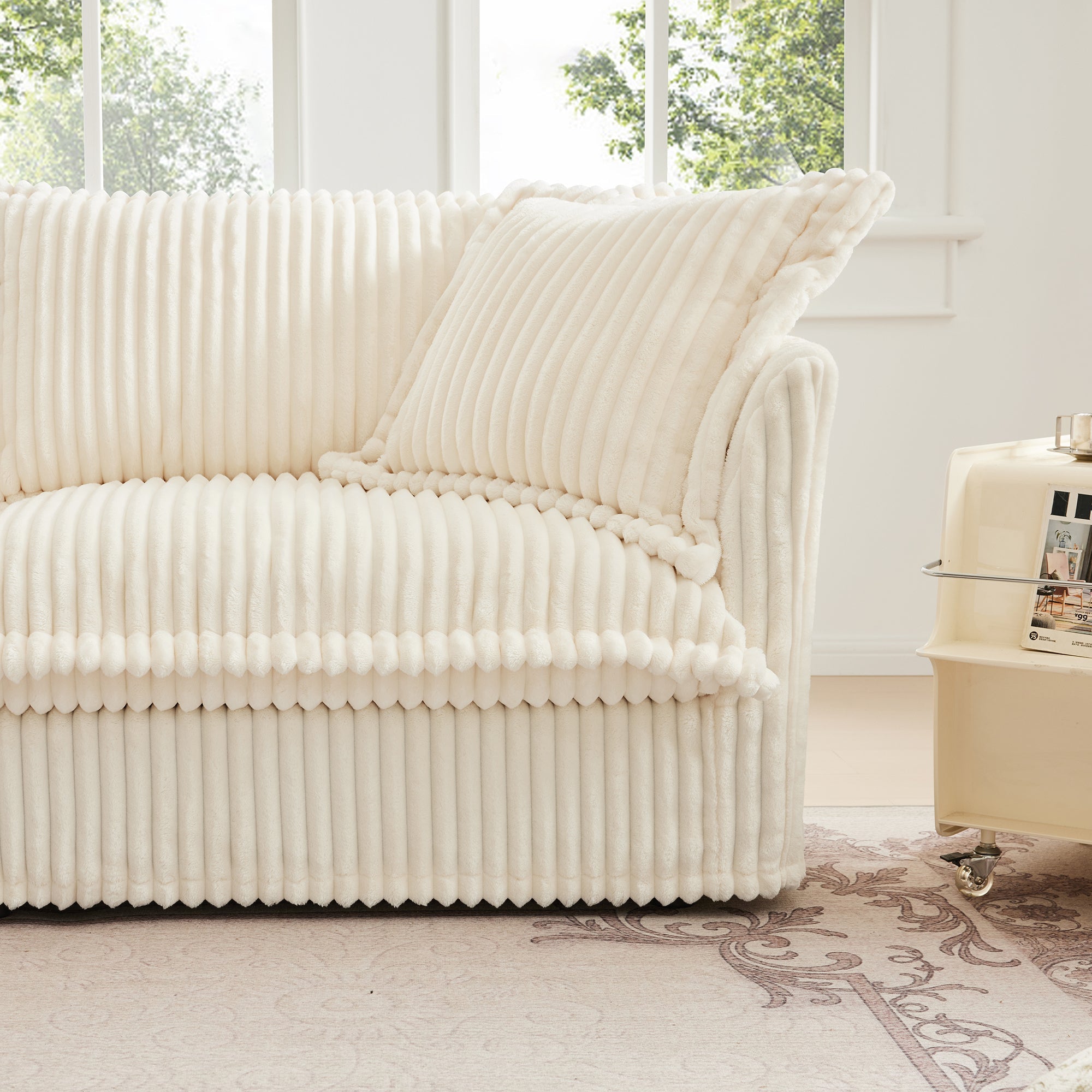 Living Room Sofa Slipcovered Sofa 3 Seater Sofa With 3 Ottomans, Oversized 3-Seat Sleeper Sofa Bed Home Theater Sofa, Corduroy, Cream