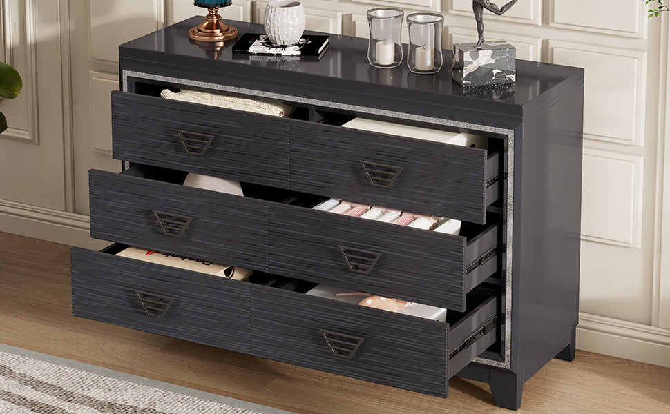 Elegant Dresser with Metal Handle and Sparkling Shiny Decoration, Storage Cabinet with 6 Drawers for Bedroom, Living Room, Black