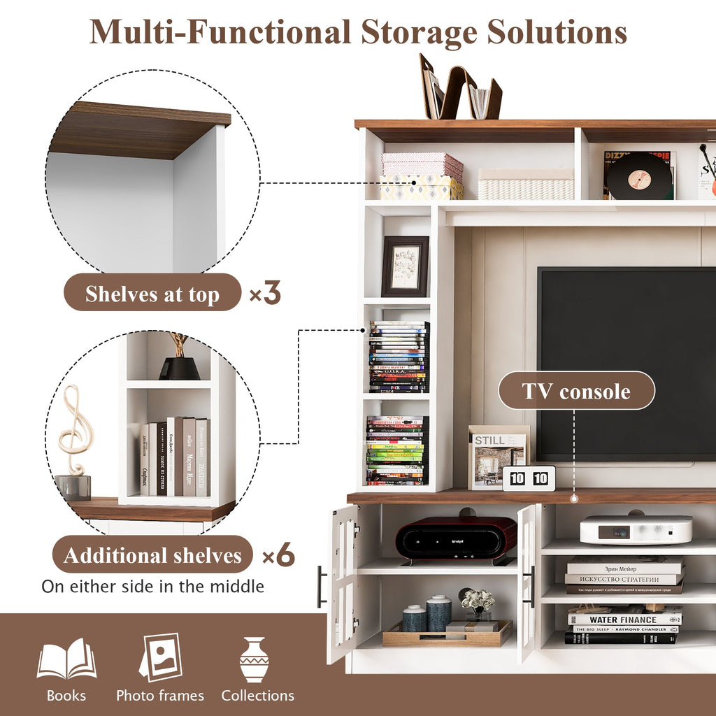 U-Can 95.5' W Wall Unit Entertainment Center with Bookshelves for TVs up to 80', Modern TV Stand Media Console with Cabinets, Tempered Glass Doors and Adjustable Shelves for Living Room