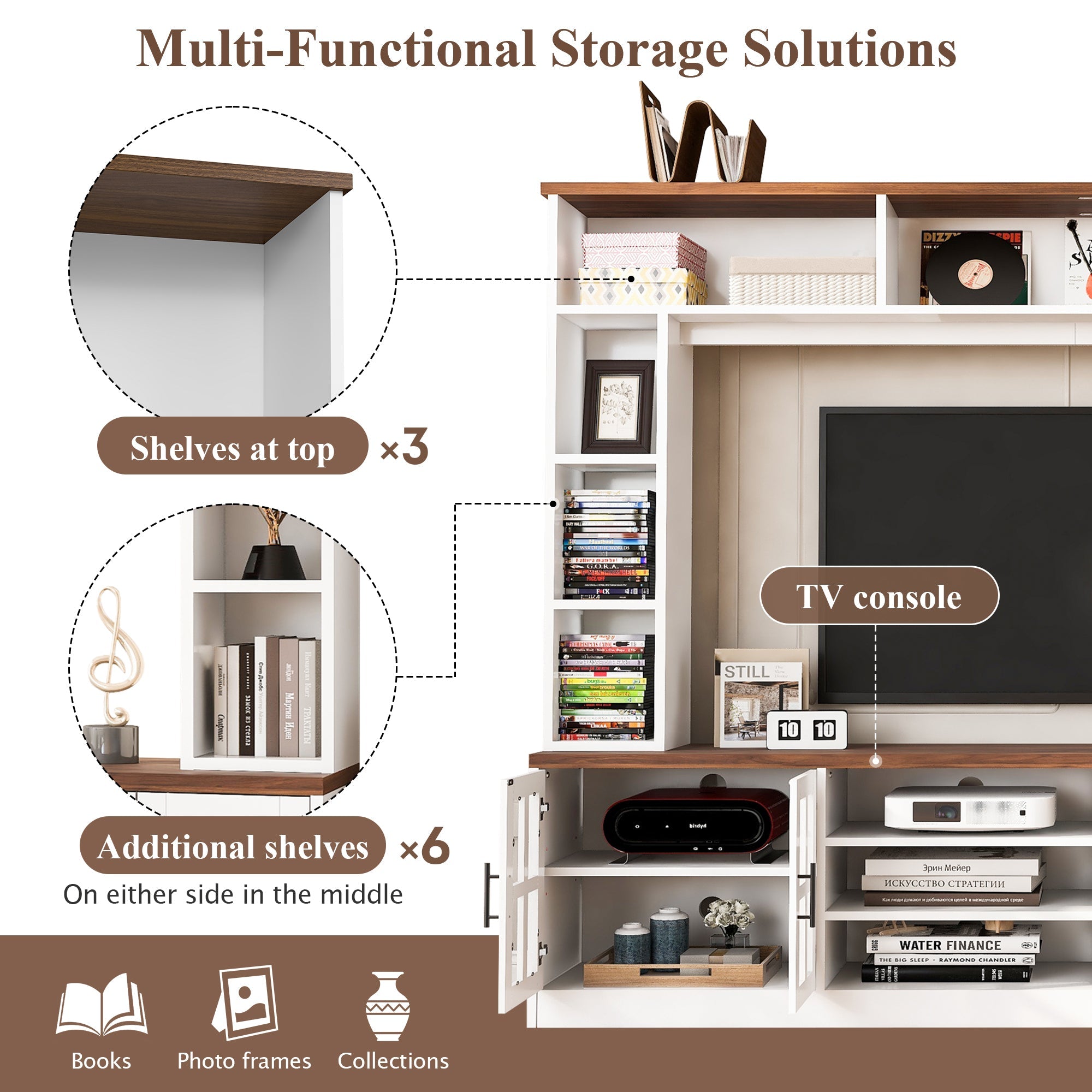 U-Can 95.5' W Wall Unit Entertainment Center with Bookshelves for TVs up to 80', Modern TV Stand Media Console with Cabinets, Tempered Glass Doors and Adjustable Shelves for Living Room