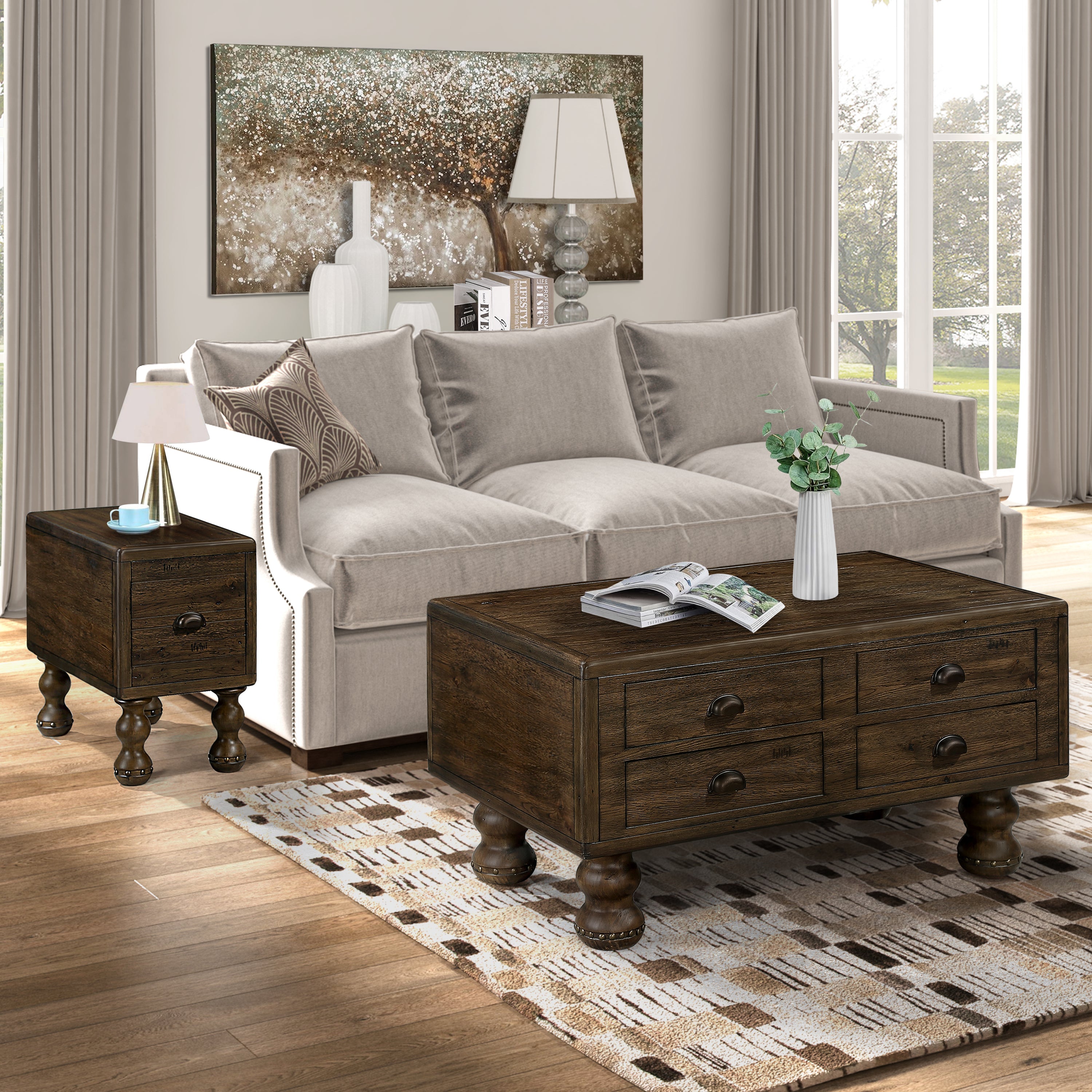 Rectangle Living Room Coffee Table Set,  3-Piece Solid Wood Living Room Table Set, 1 Coffee Table and 2 End Table, Wood Center Table Tea Table Set with Rivet Decoration Legs.Espresso