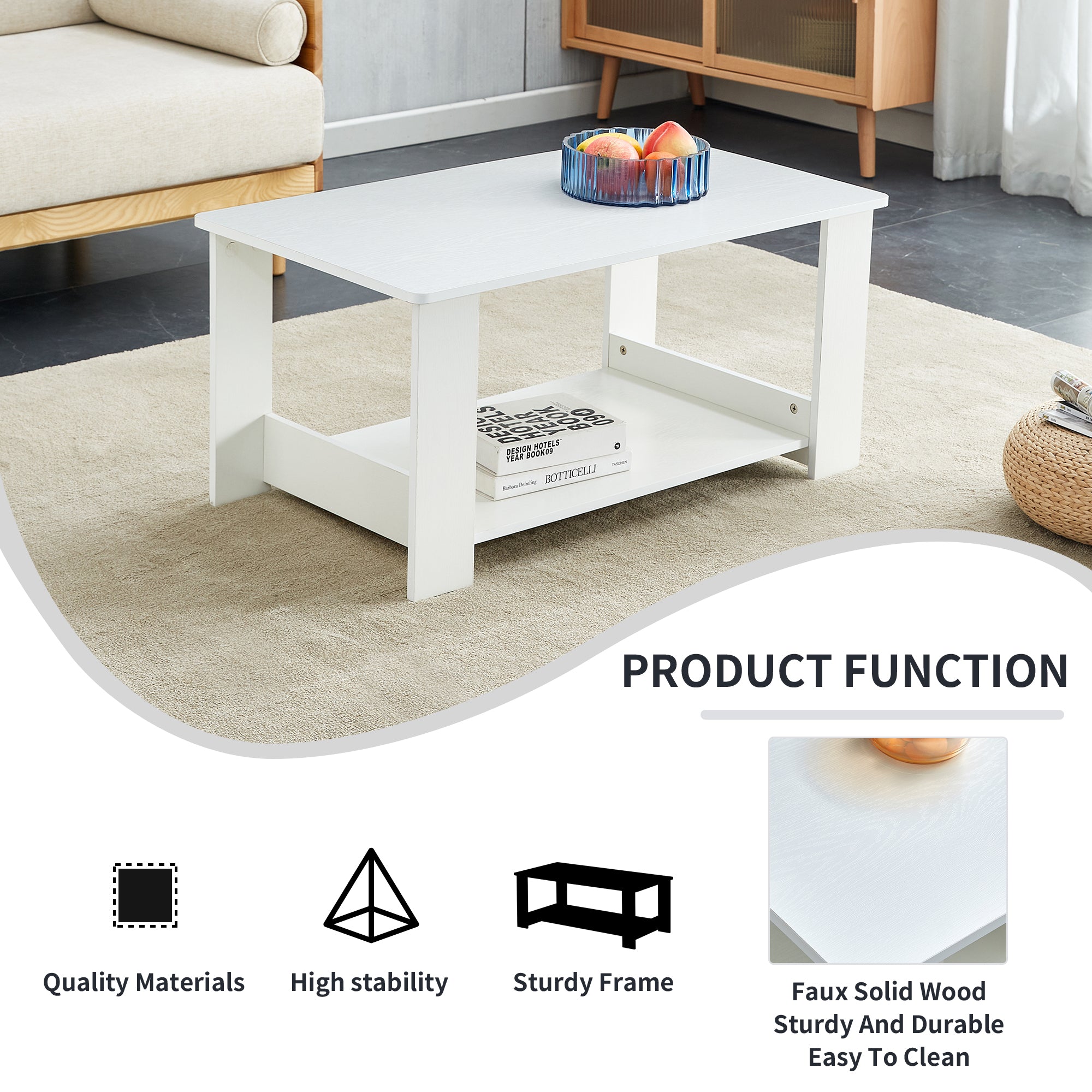 A modern and minimalist white double layered rectangular coffee table and coffee table. MDF material is more durable and suitable for living rooms, bedrooms, and study rooms. 19.6 "*35.4"*16.5 "CT-16