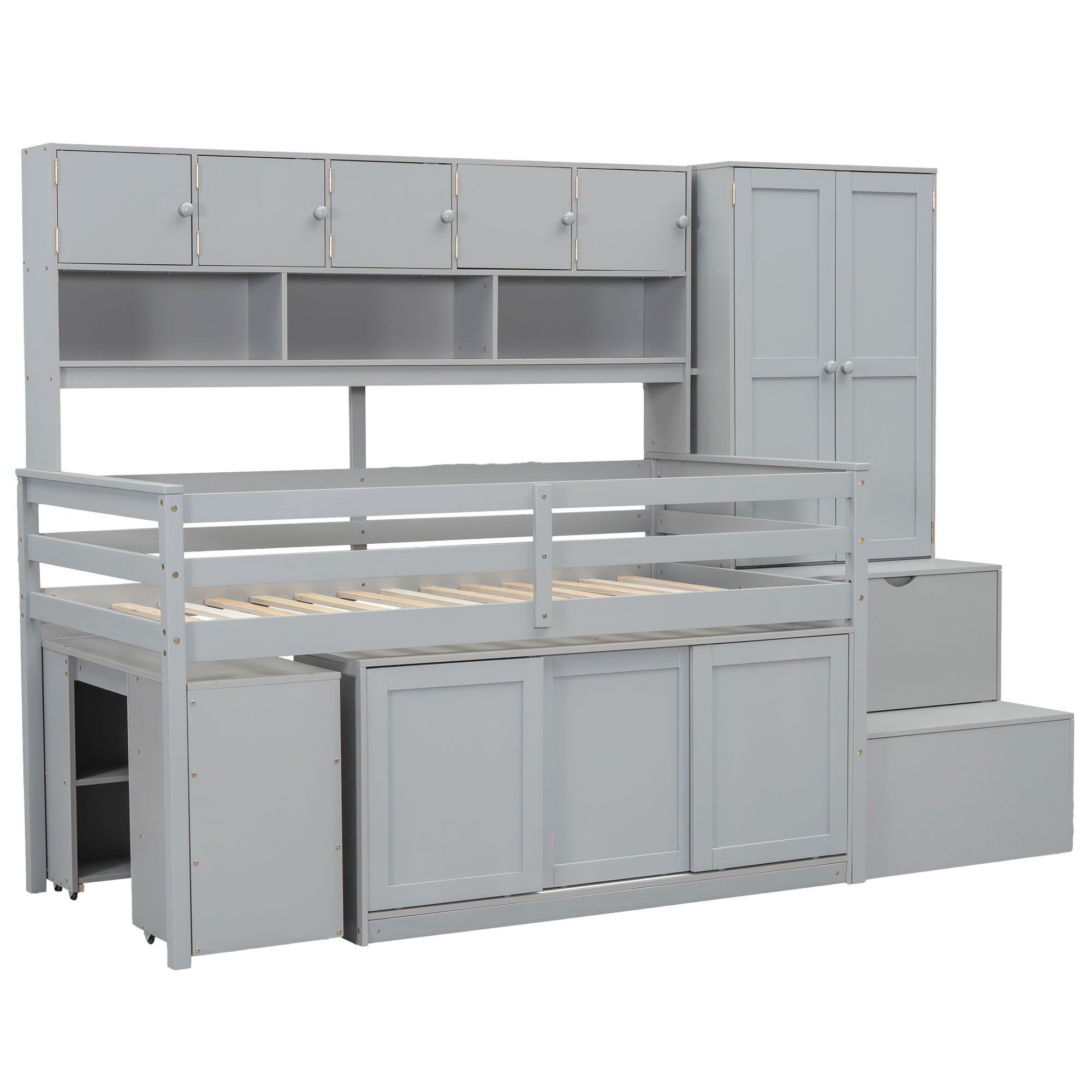 Twin Size Wooden Loft Bed Big Storage with Under-bed Desk, with Drawers, with Shelves, Gray