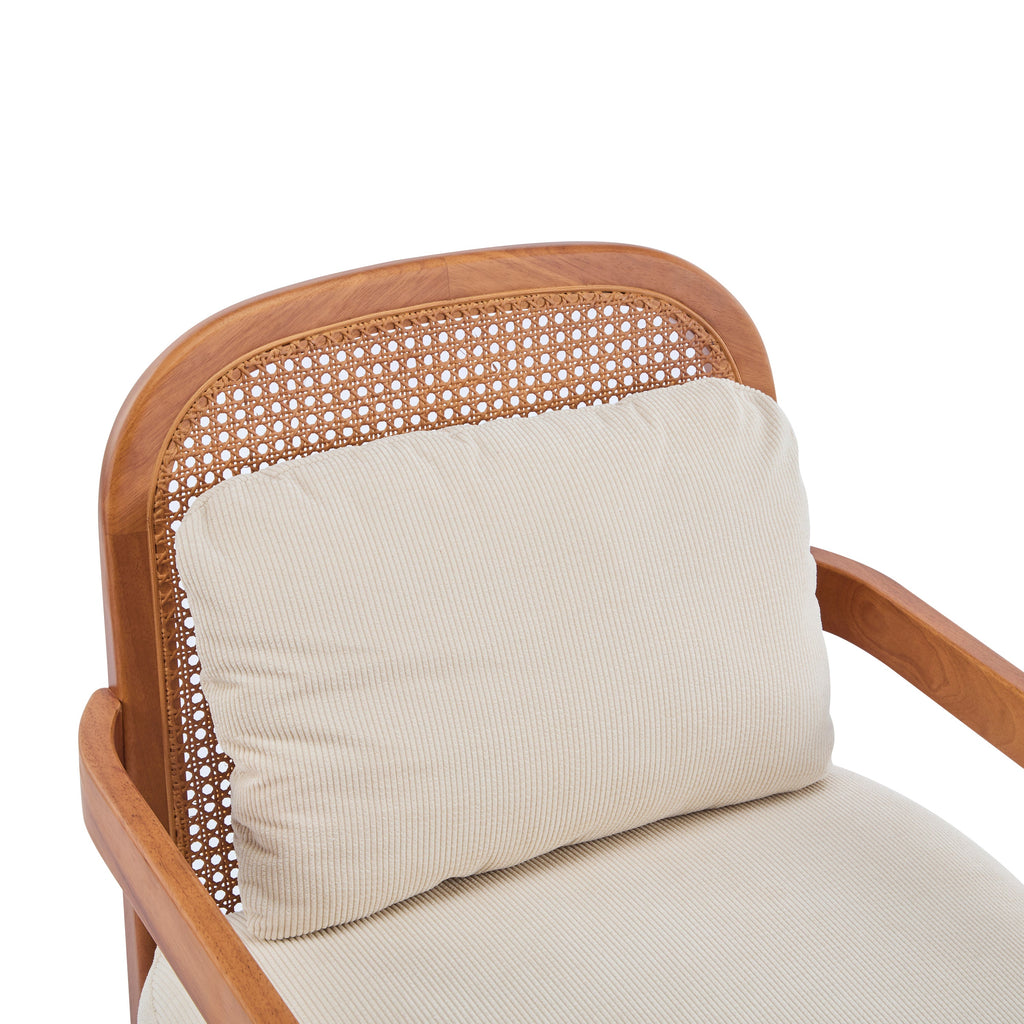 [Set of 2]  26.6' Mid-Century Modern Accent Chair with Walnut Finish Solid Wood Frame and Rattan Backrest, Beige Cushion with Striped Fabric,  Comfy Armchairs for Living Room, Bedroom, Reading Nook