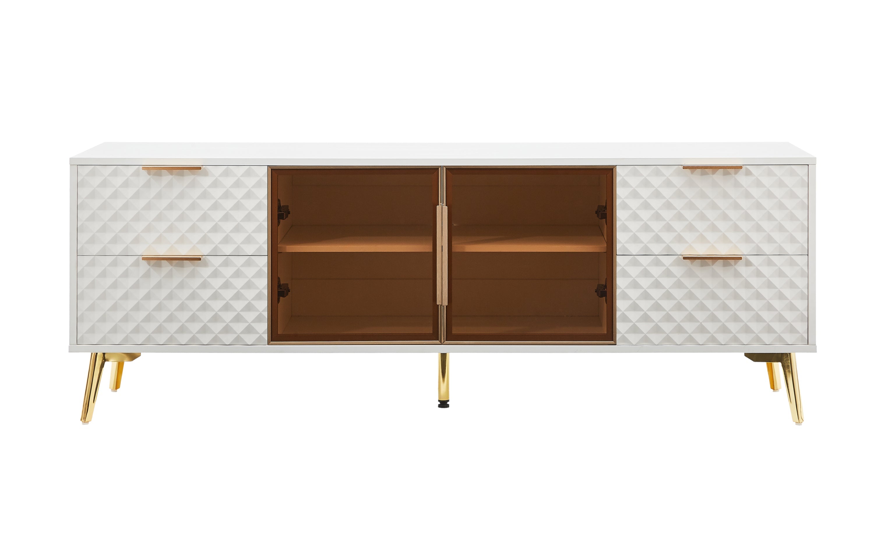 Deluxe Sculpted Modern Fashion Geometric Style TV Stand, Aluminum Frame Tempered Glass Door 4 Drawer Chest with Adjustable Metal Feet ,White,59.9'L x 15.7'W x 21.7'H