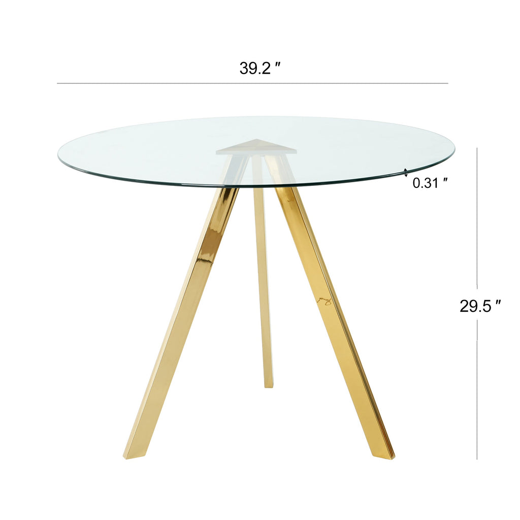 Modern minimalist 39.2 ' round glass dining table with clear glass countertops and gold-plated metal legs for kitchen, dining and living room (set of 1)