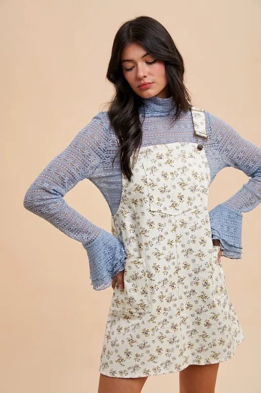 Annie Wear Stretch Ditsy Print Denim Overall Mini Dress