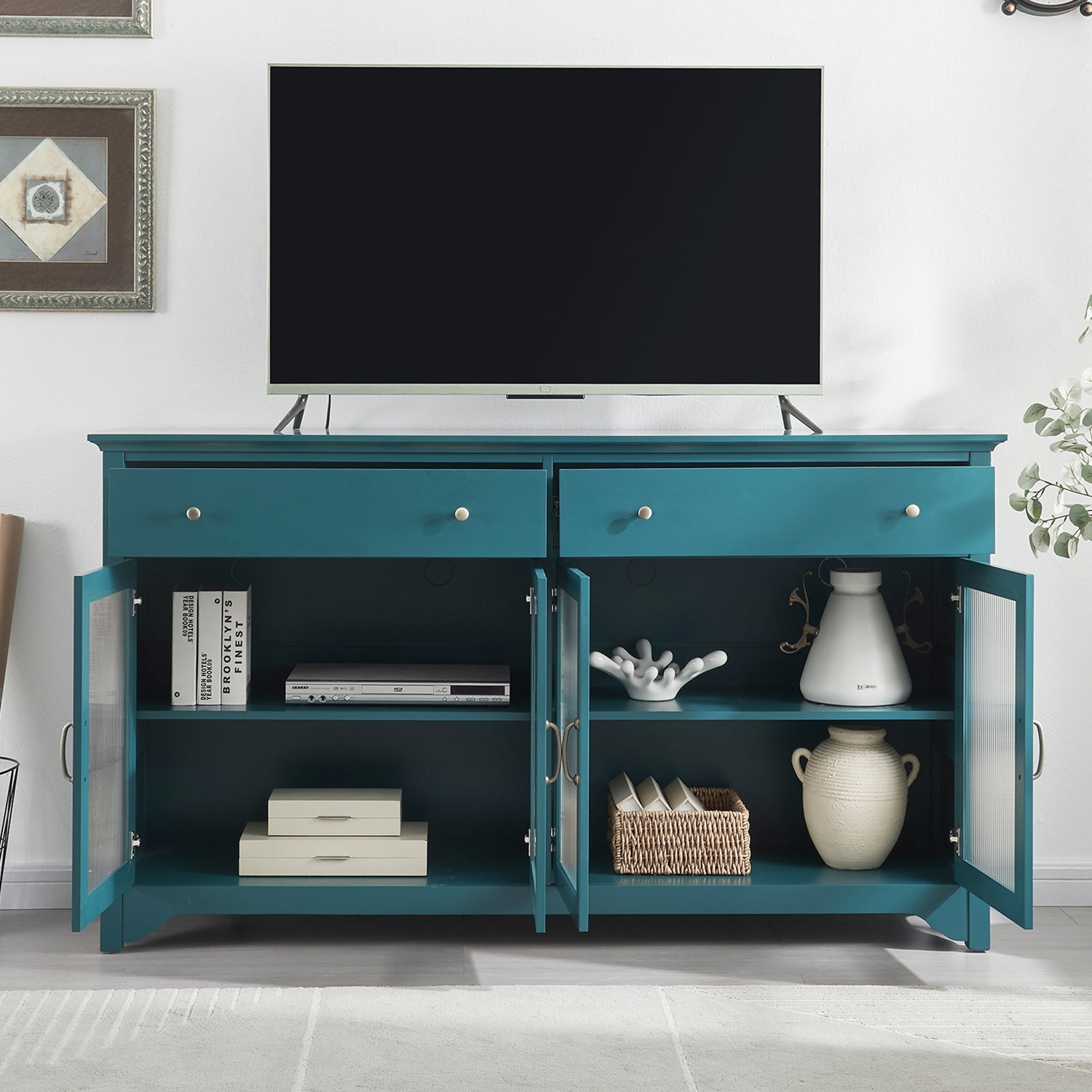 65' TV Console, Storage Buffet Cabinet, Sideboard with Glass Door and Adjustable Shelves, Console Table, Teal Blue