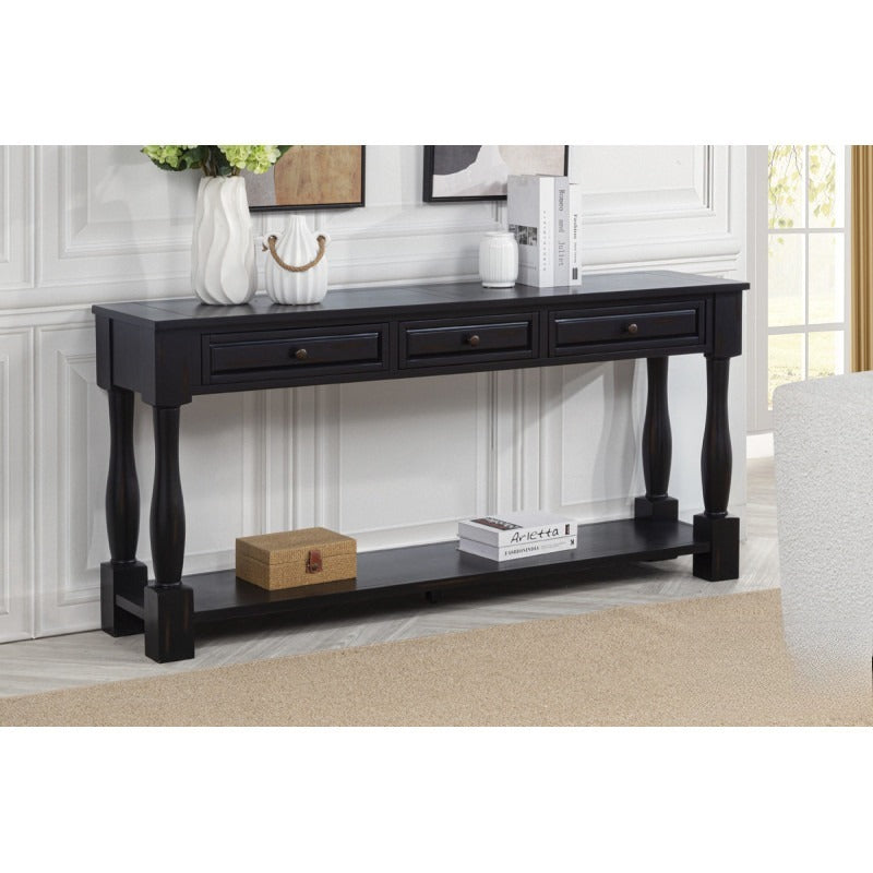 63' Long Console Table with Drawers and Shelf for Entryway, Hallway, Living Room, Acacia Wood Table, Espresso Finish