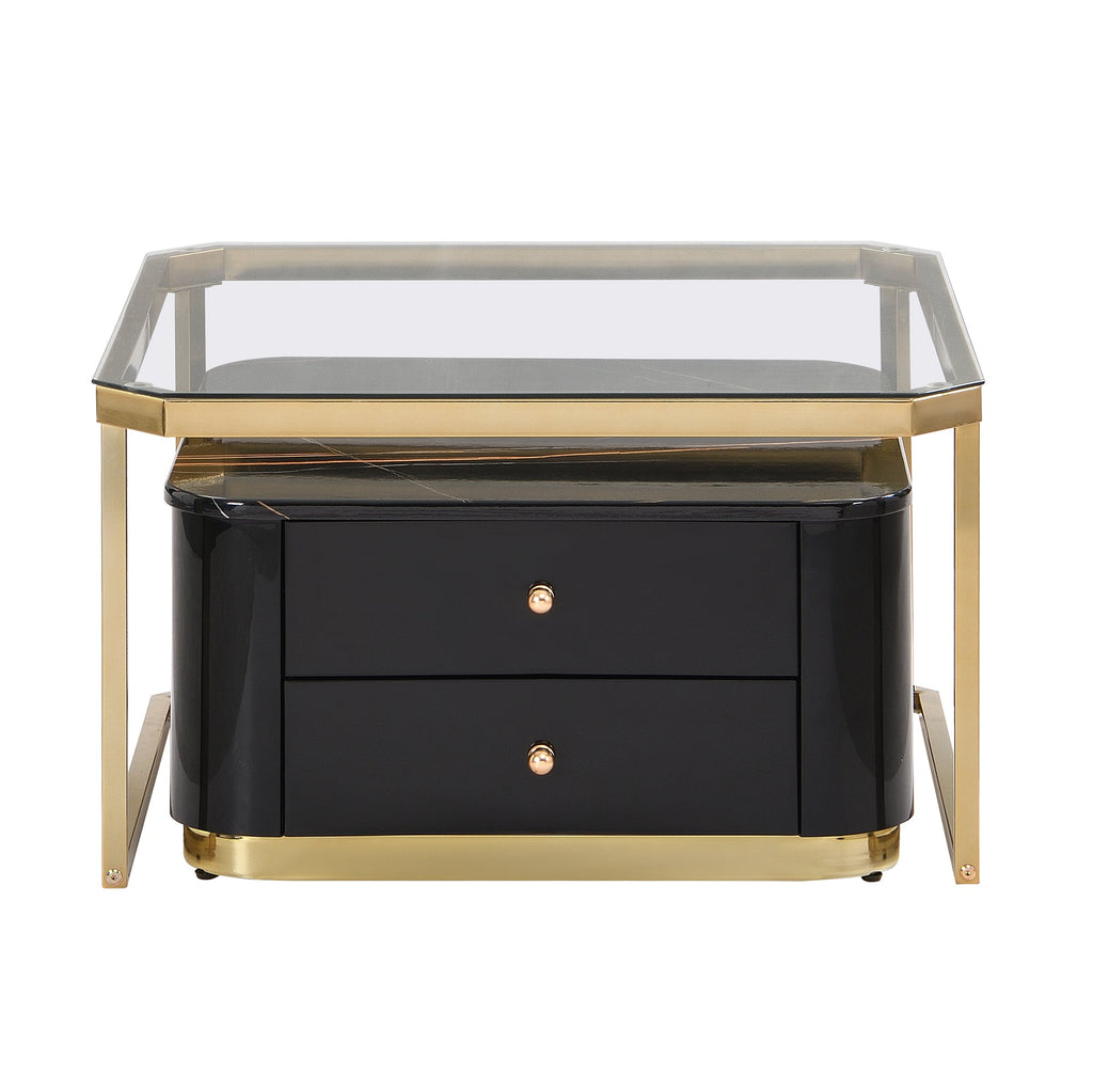 Modern 2 Pieces Black  Square Nesting  Coffee Table with Drawers & Electroplated gold legs in 27.6''
