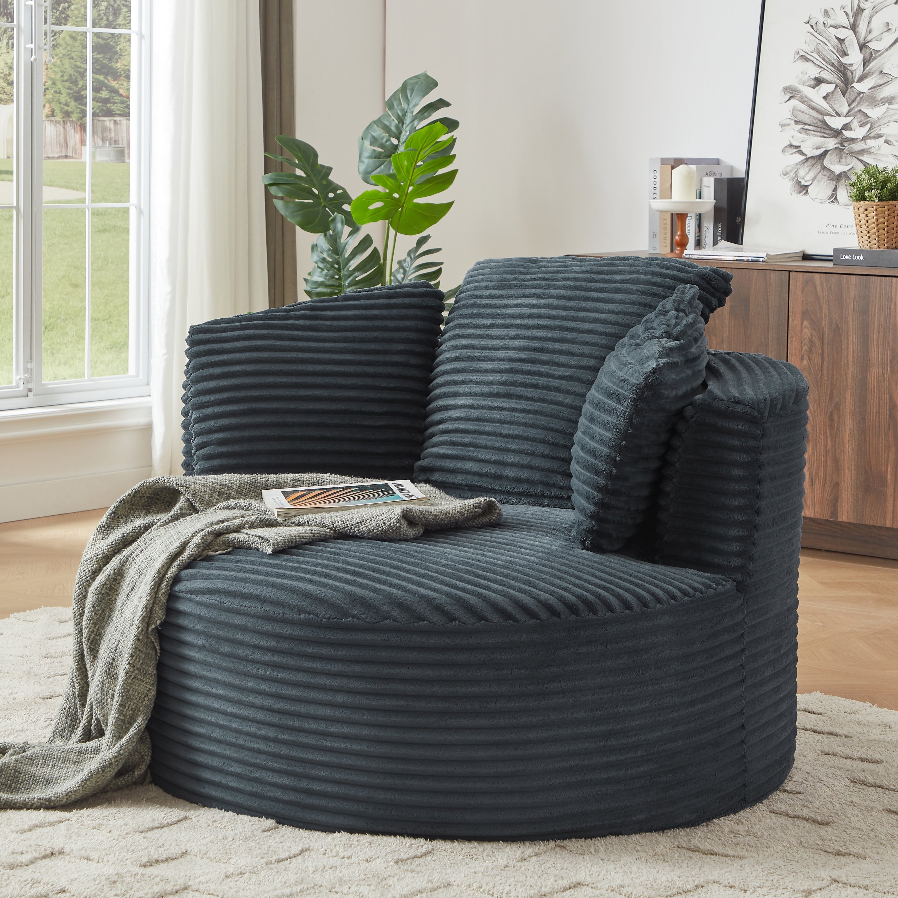 Compressible Corduroy Round Chair with Cushioned Backrest - Modern Comfort Seating for Living Room,Office,Apartment(no swivel)