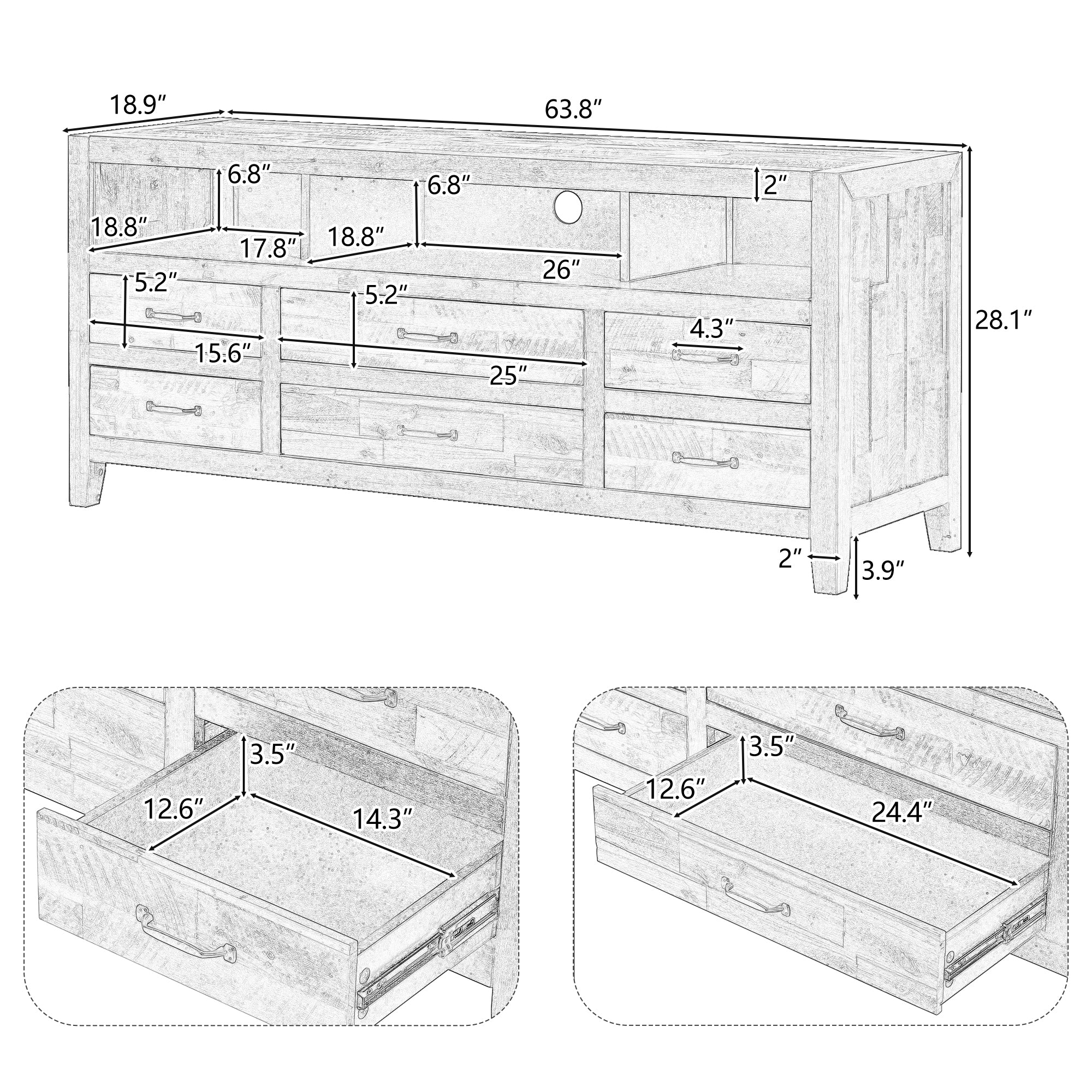 U-Can Retro Distressed Wooden TV Stand for TVs up to 65 Inches, Entertainment Center Media Console with 6 Drawers and 3 Shelves for Living room, Black