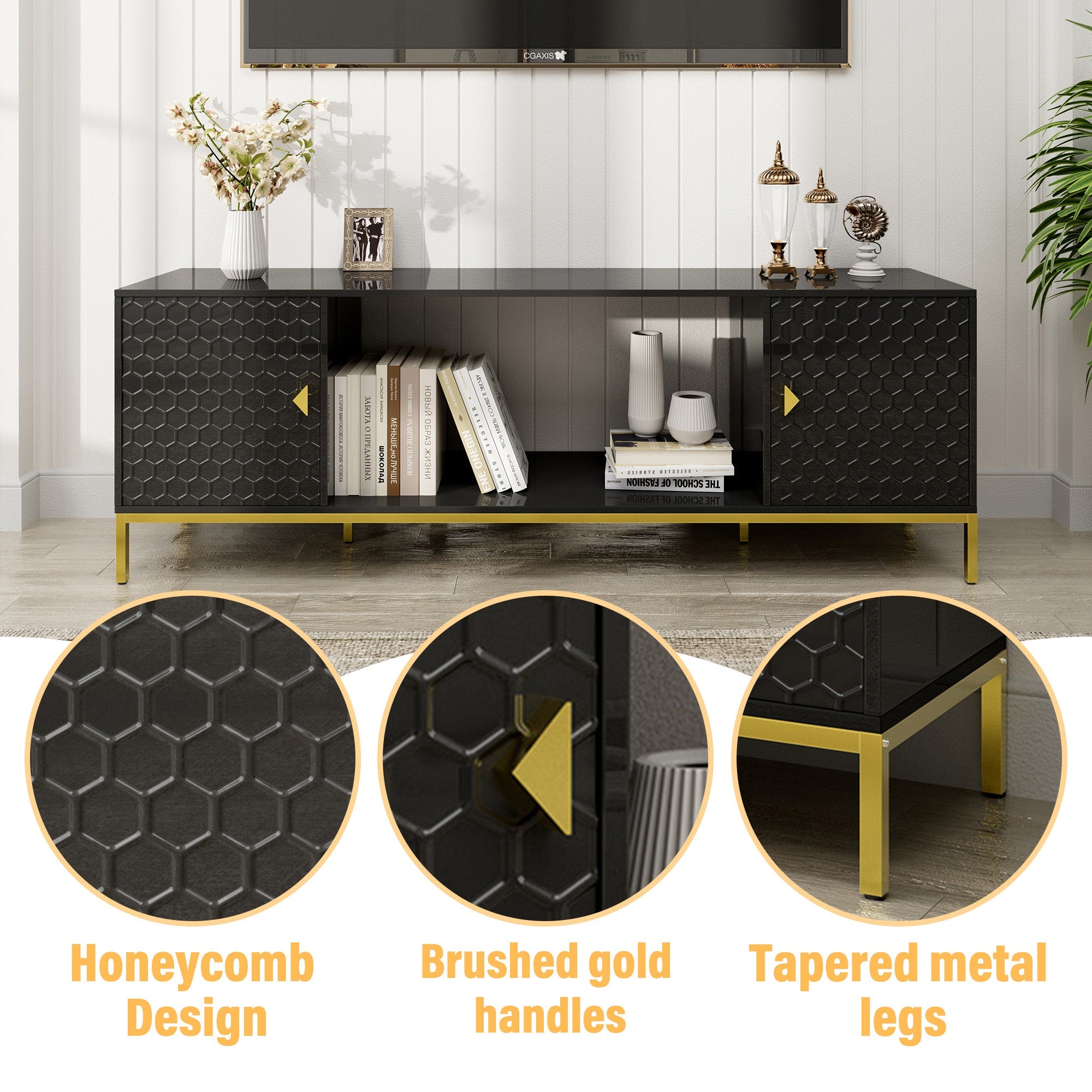 70 Inch TV Stand, Heavy Duty Wood Media Entertainment Center Console with Cabinet Storage & Open Shelves for Living Room, Modern Design (Black)