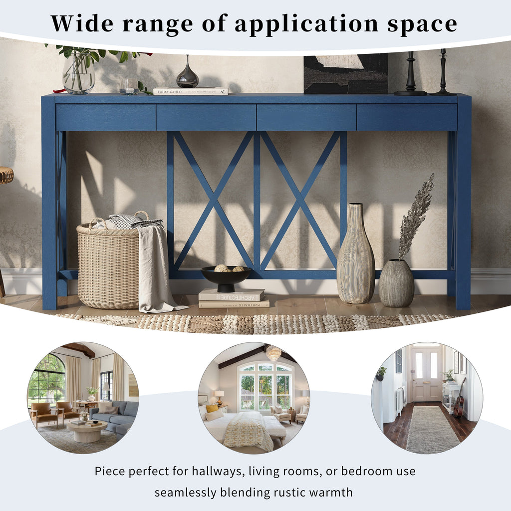 U_Style 60''Acacia Veneer Console Table with 4 Spacious Drawers, Modern Crisscross Design Entryway Table with Open Bottom Storage,Farmhouse Sofa Table for Living Room,Kitchen,Dining Room,Hallway
