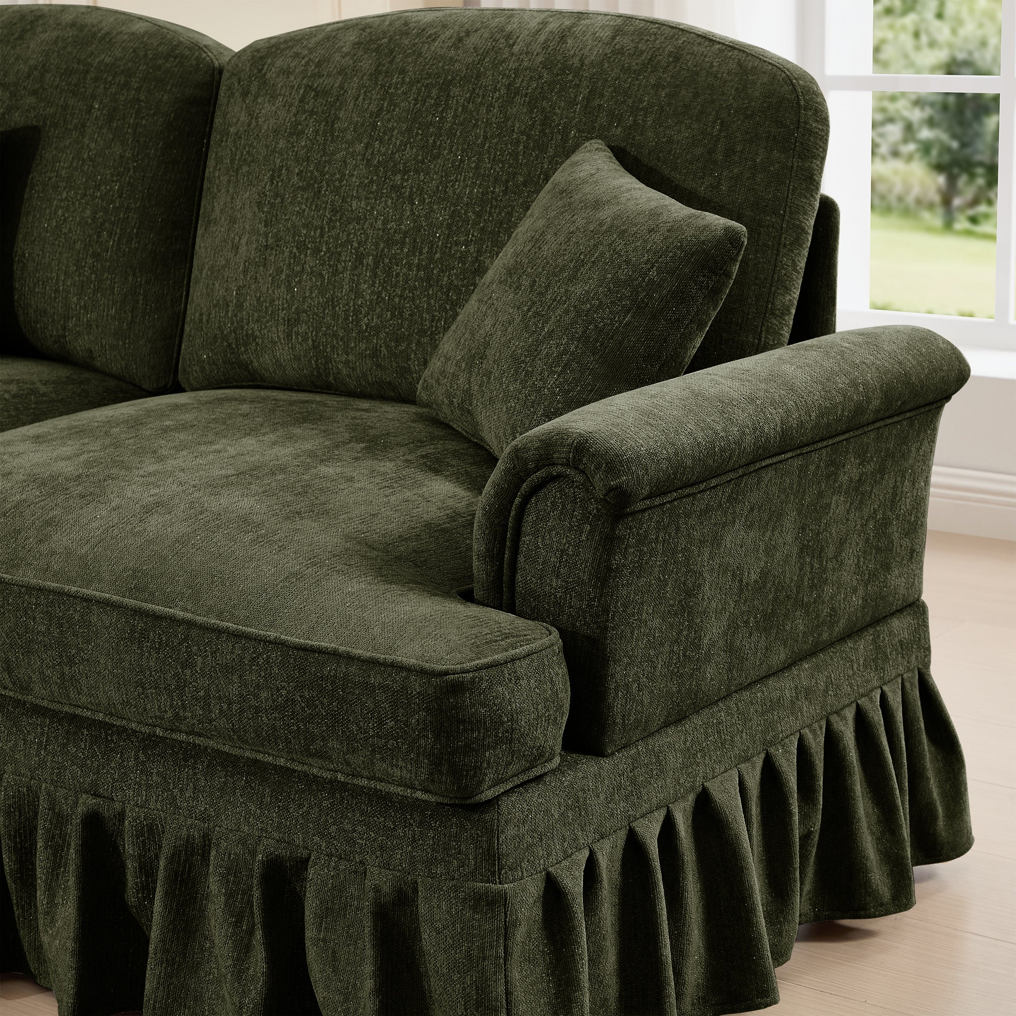 Classic U Shape 4 Seater Modular Sectional Sofa Couch with Flared Arms and Removable Ruffles Pleats Skirts and Spindle Legs, Chenille Deep Seat Cloud Sofa with Movable Ottomans, Green