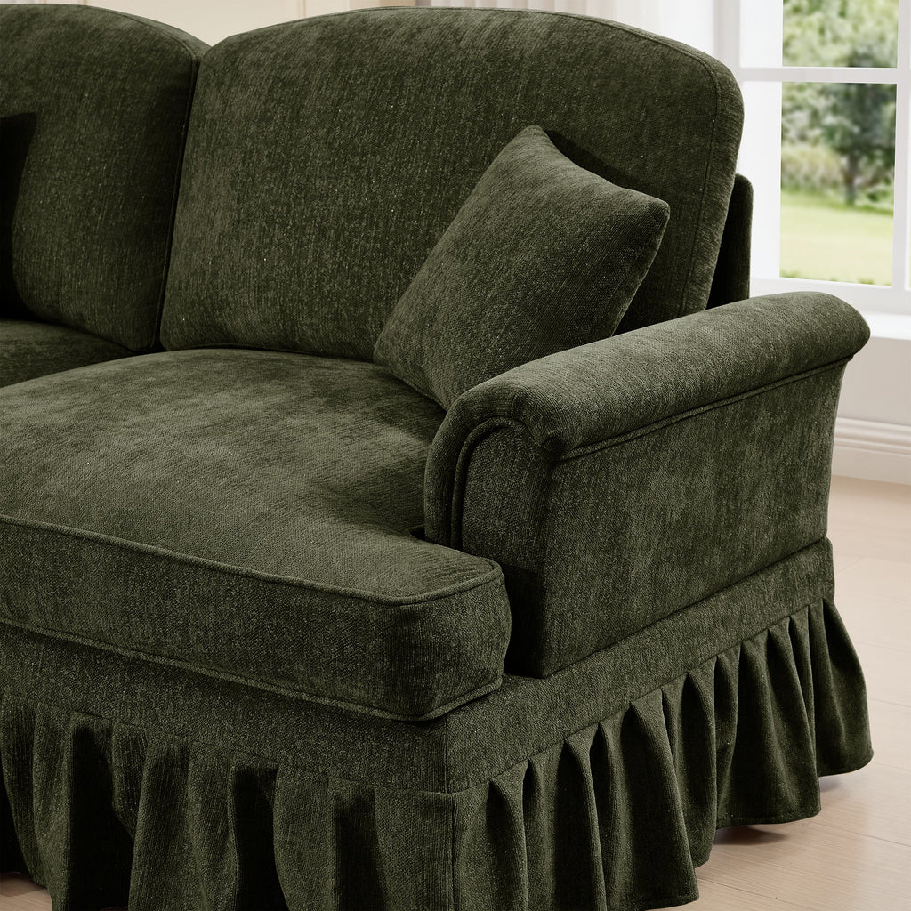 Mid Century Three Seater Modular L Shaped Sectional Couch with Flared Arms and Removable Ruffles Pleats Skirts and Spindle Legs, Comfy Chenille 3-Seat Deep Seat Sofa with Movable Ottoman,Green