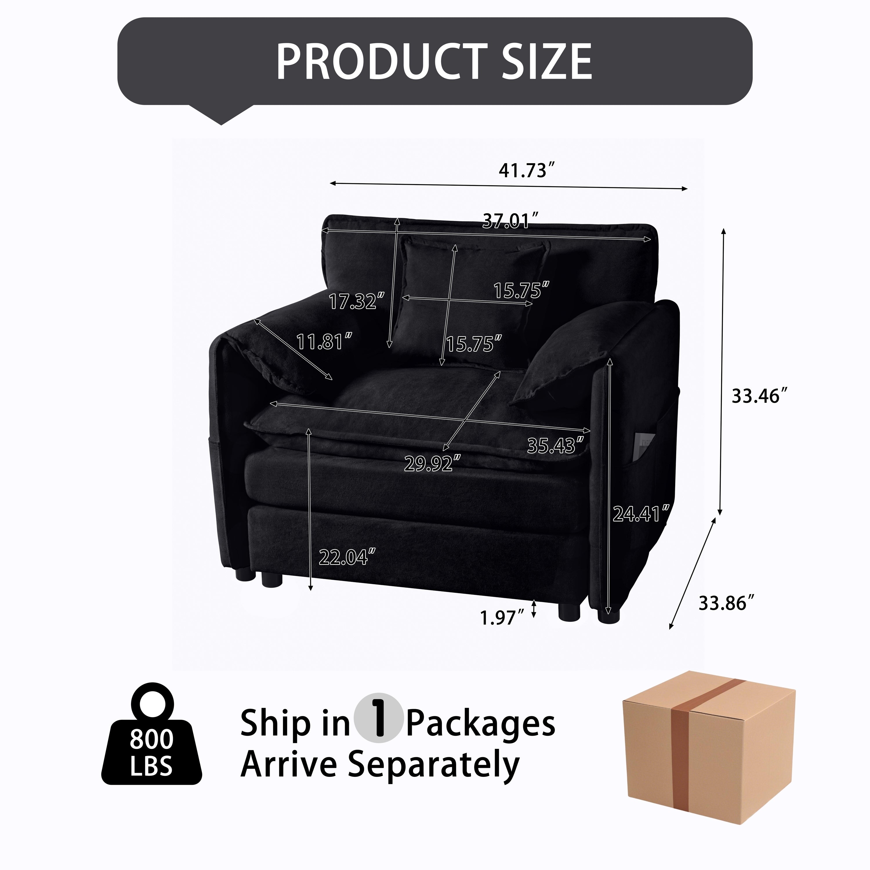 Oversized 41.73' Sofa Chair, Modern Upholstered Armchair with 1 Toss Pillow, Modular Sectional Sofa for Living Room, Deep Seat Reading Sofa for Bedroom Apartment, DIY Combination Chenille,Black