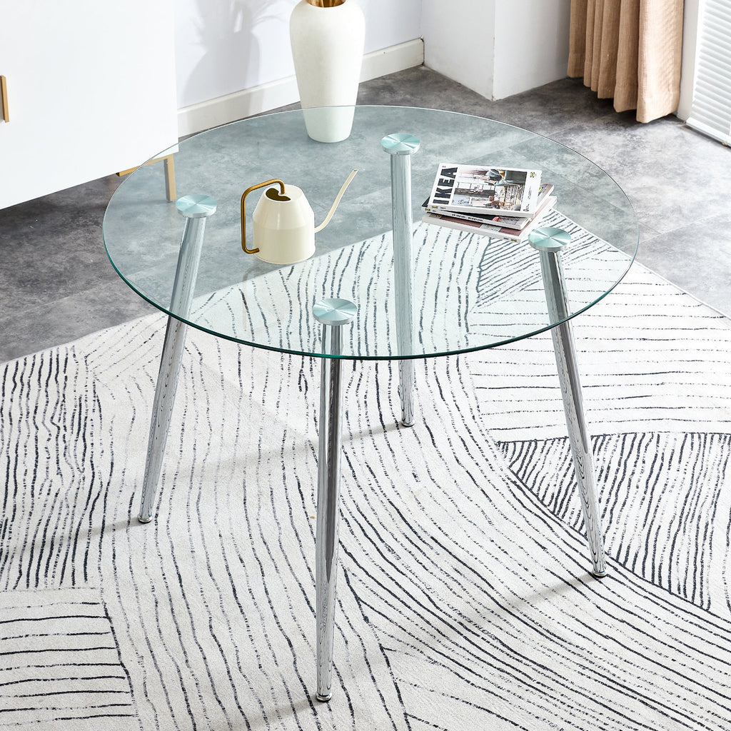 A glass tabletop with a diameter of 40 inches and a modern minimalist circular dining table with silver metal legs.Suitable for living rooms, and conference rooms.W1151S03392