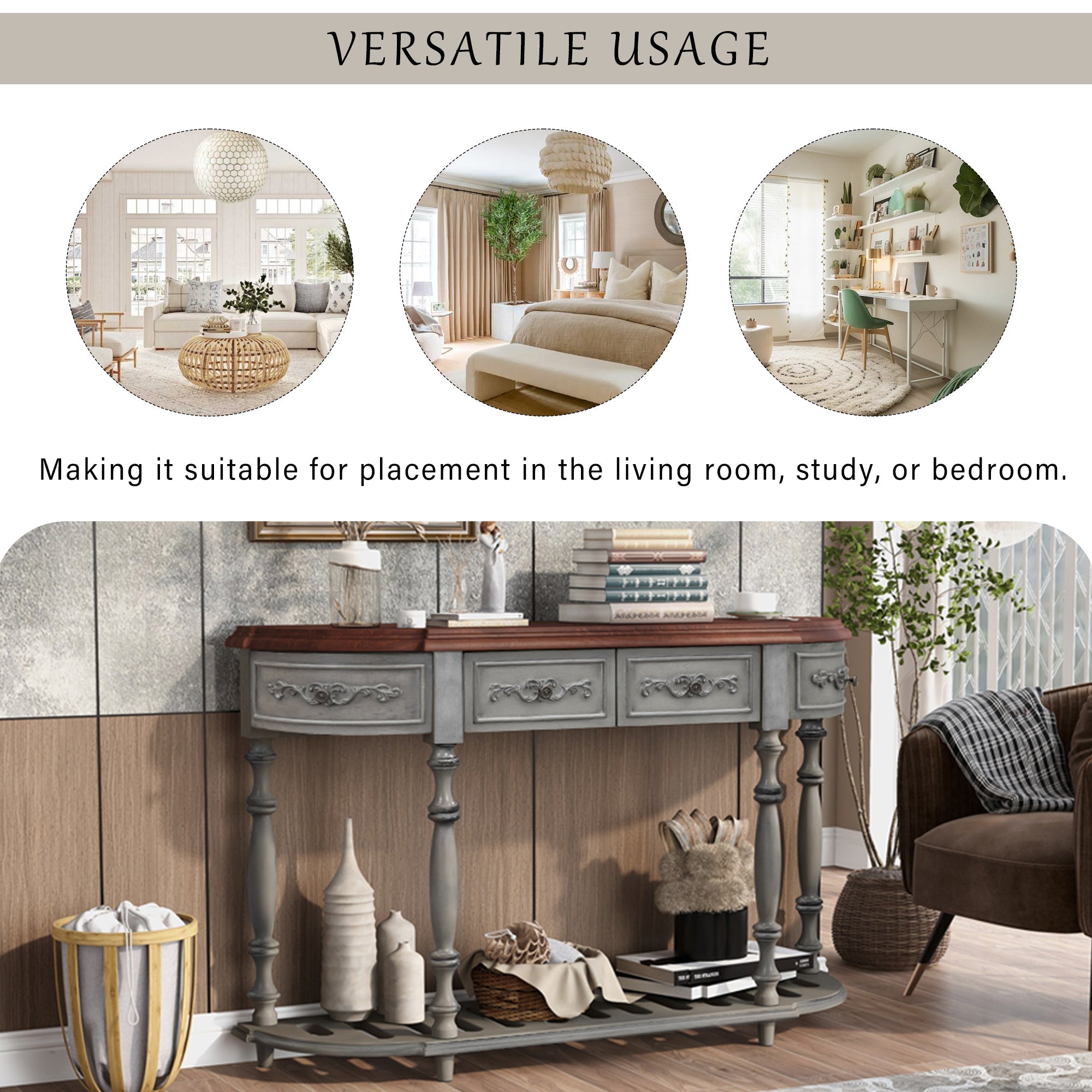 U_STYLE 52''Modern and Contemporary Curved Console Table Sofa Table Entryway Table for Hallway Living Room with 4 Drawers and 1 Shelf