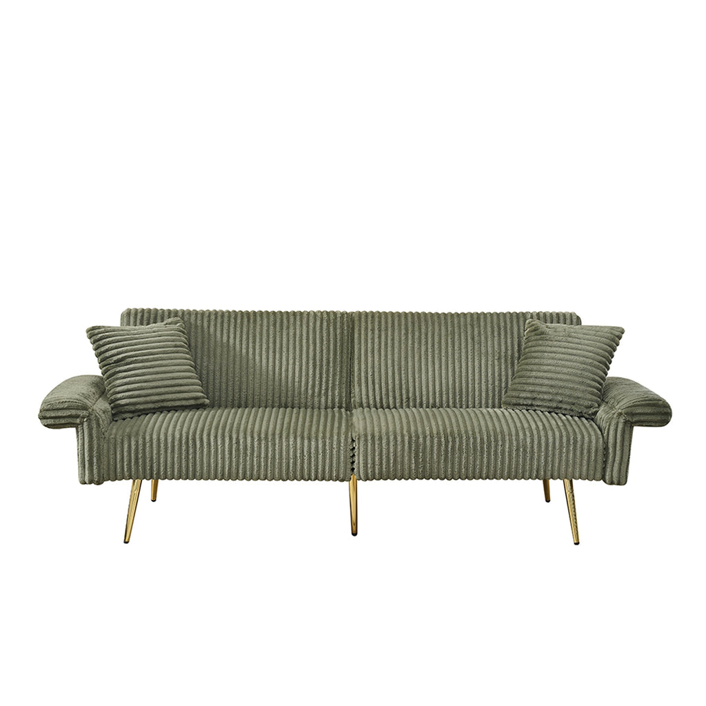 Modern Corduroy Sofa Bed, Foldable Double Sofa with Armrests, Green Velvet, 79 Inch