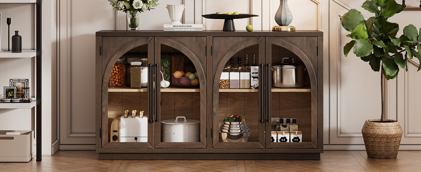 TREXM 4-Door Large Storage Sideboard Buffet Cabinet with Glass Doors, Arched Cabinet with Adjustable Shelves for Kitchen, Dining Room and Living Room (Espresso)