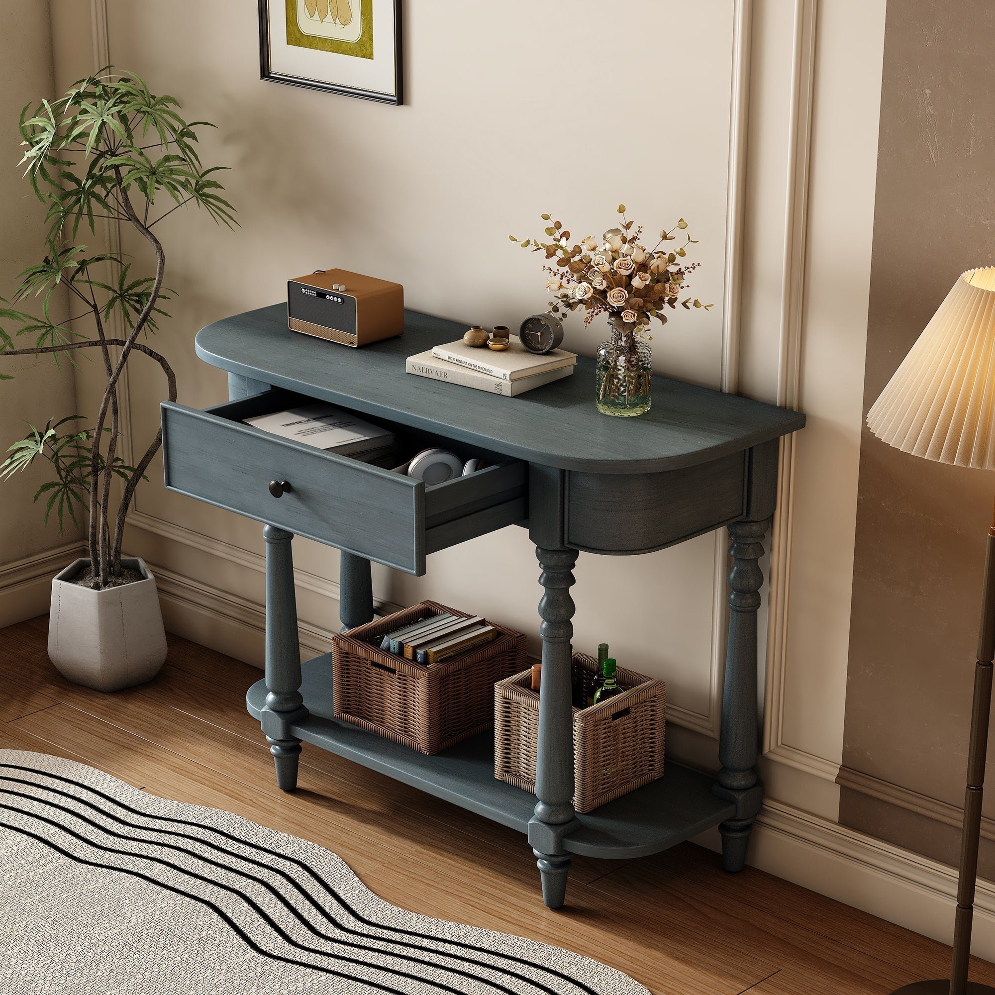TREXM Narrow Console Table with Curved Corner, Retro Entryway Table with Top Drawer and Open Shelf, Sofa Table Console Tables for Entryway, Hallway and Living Room (Navy)