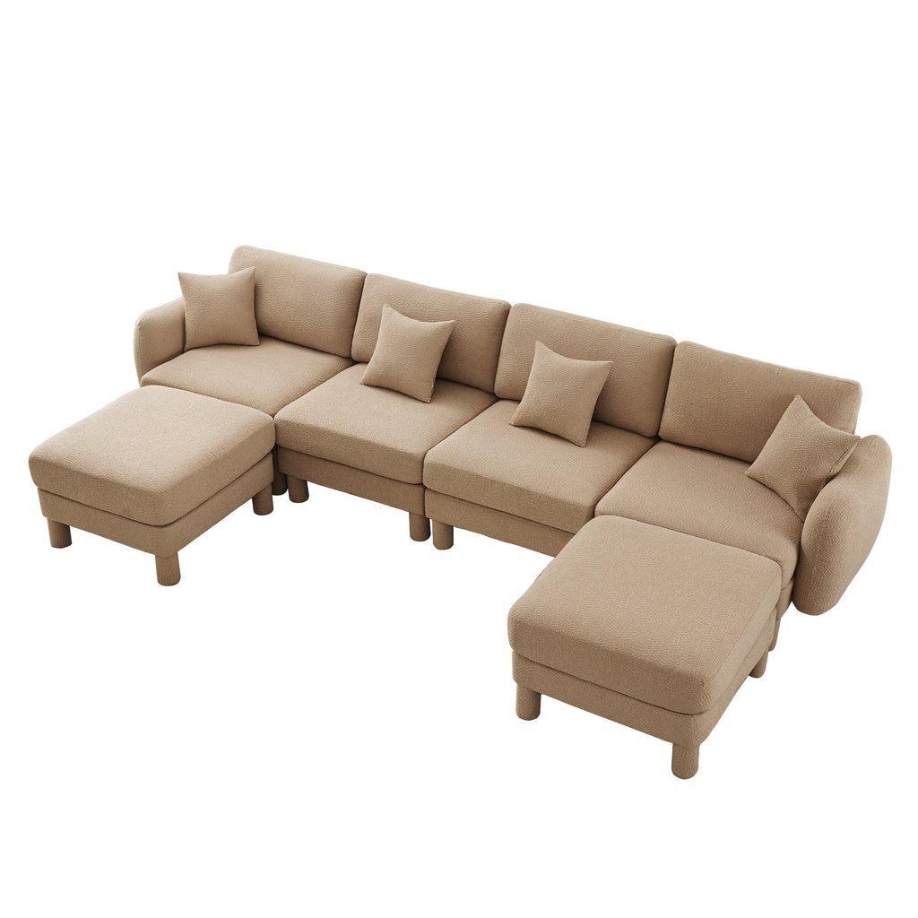 Boucle Fabric U Shape Sectional 4-seater Sofa Couch With Distinctive Shell-shaped Armrests And 2 Movable Ottomans,Cylindrical Legs Wrapped with Self-fabric,Coffee Color
