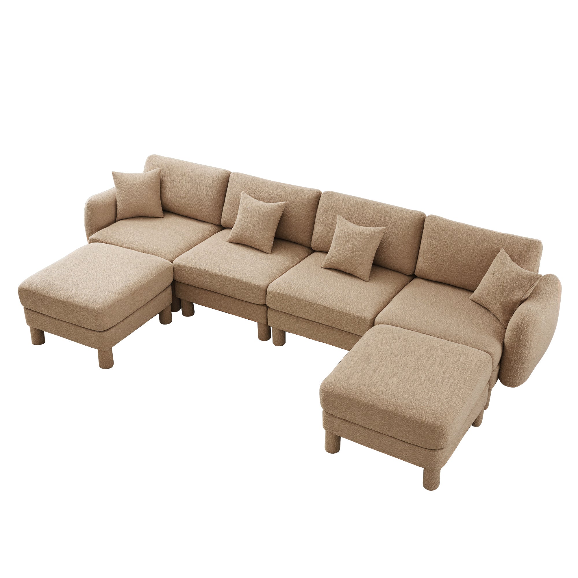 Boucle Fabric U Shape Sectional 4-seater Sofa Couch With Distinctive Shell-shaped Armrests And 2 Movable Ottomans,Cylindrical Legs Wrapped with Self-fabric,Coffee Color