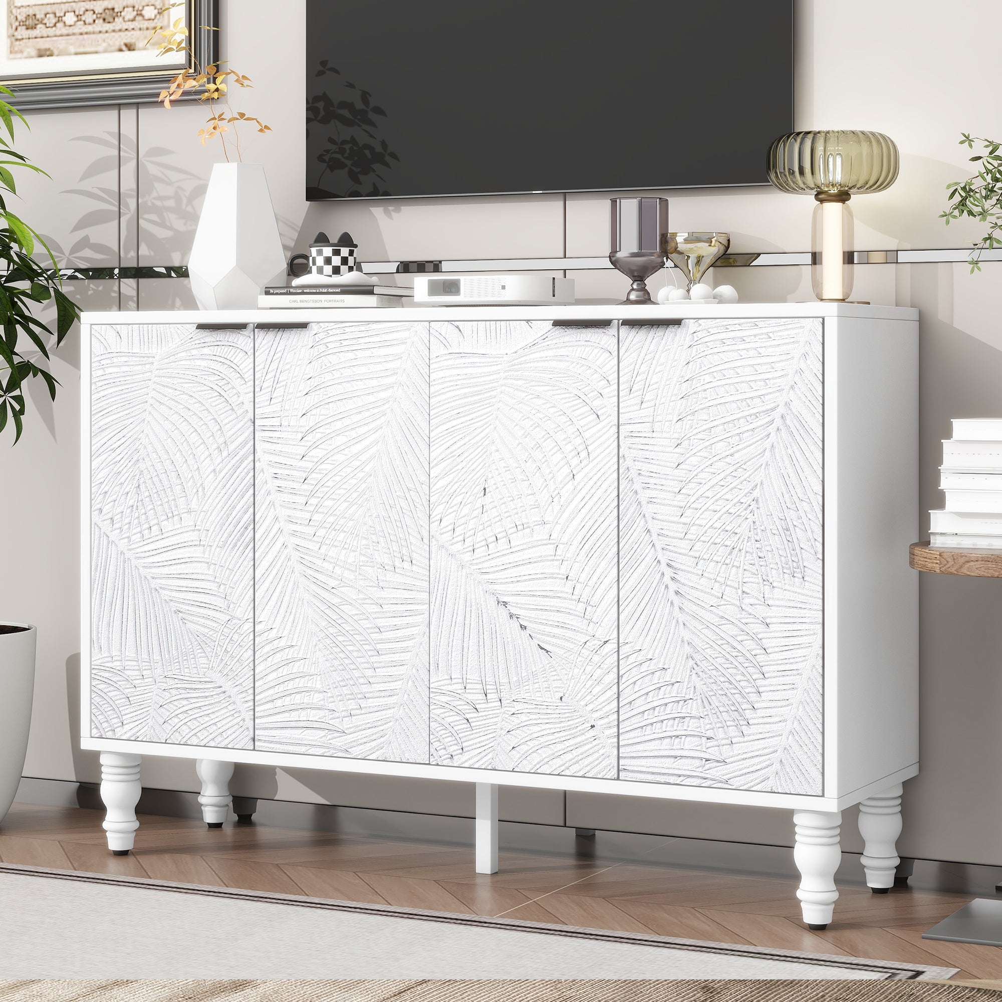 U-Can 47.2'' Modern TV Stand, Entertainment Center Media Console with 2 Spacious Storage Space, Solid Wood Legs and Anti-tip Device For Living room, Up to 43''