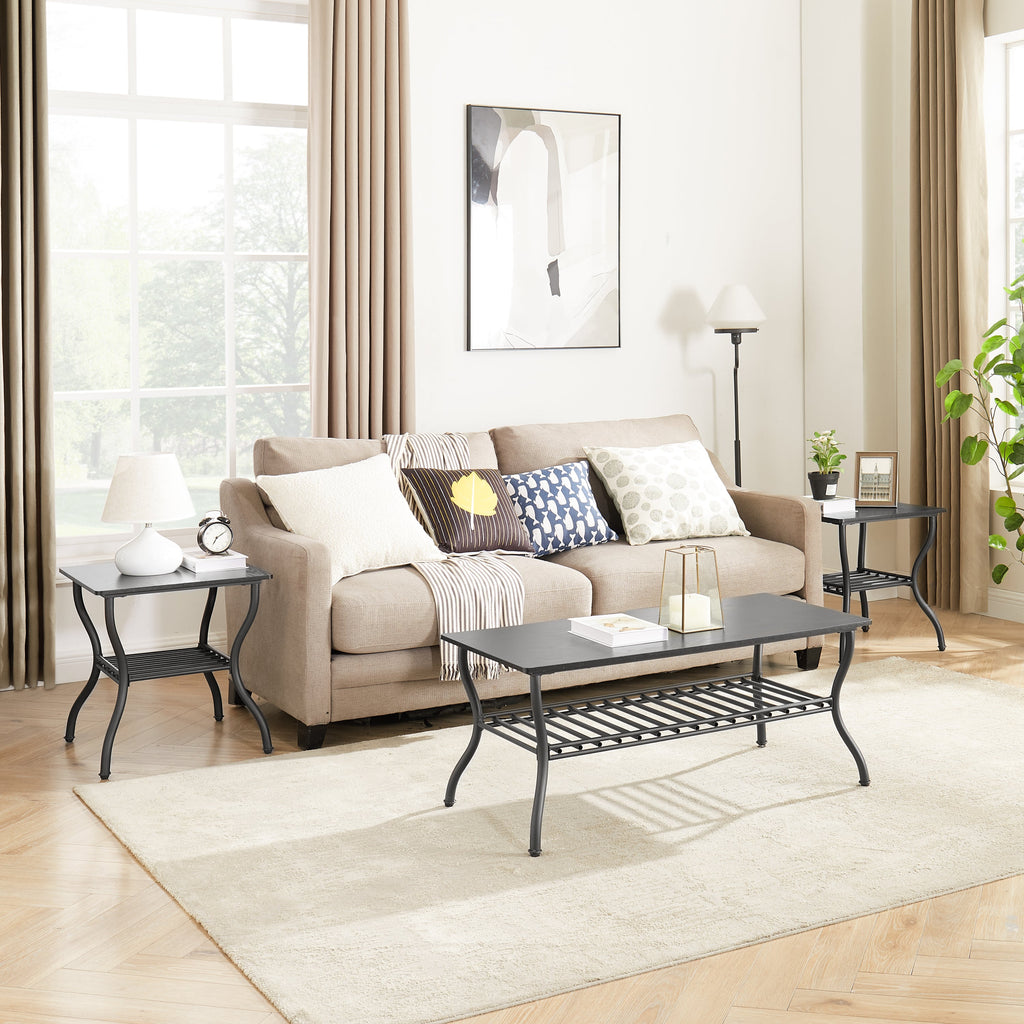 Modern Style 3-Piece Coffee Table Set Rectangle Coffee Table with 2 Square End Side Table Retro Design Coffee Table with Sturdy Base for Living Room Decor (Black)
