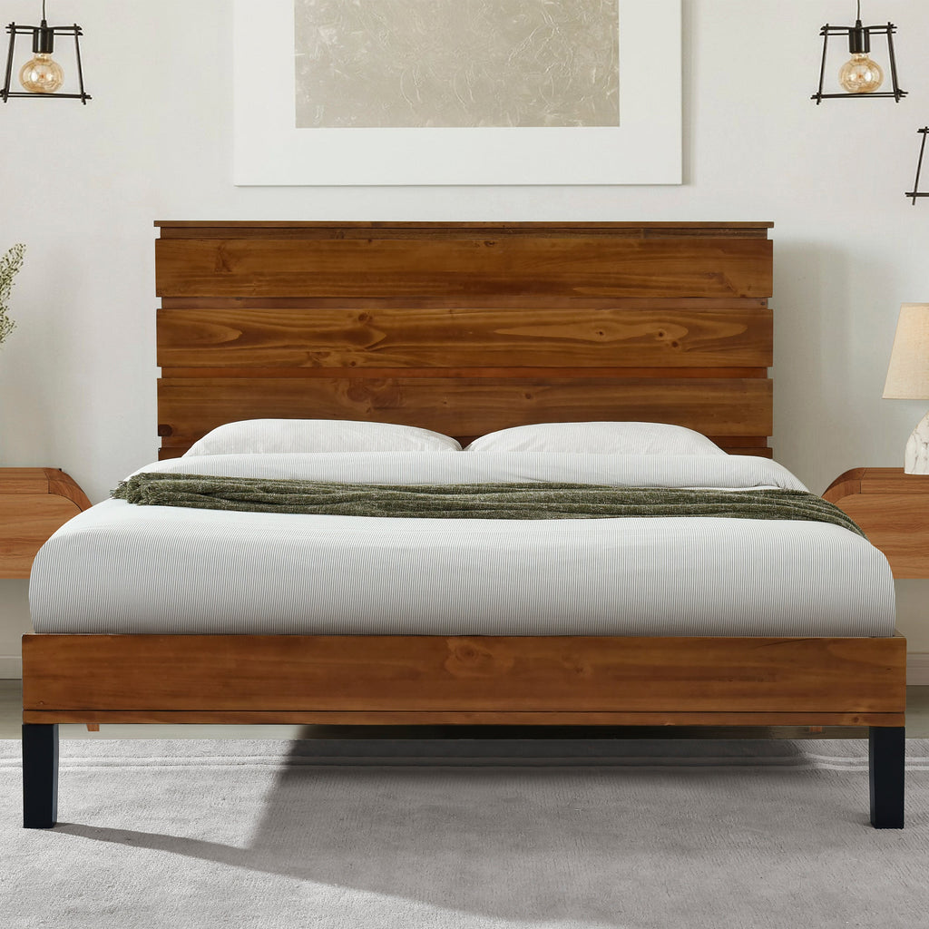 Mid-Century Modern Solid Wood Bed Frame Full Size Platform Bed with Six-Piece Headboard Design, No Box Spring Needed, Brown