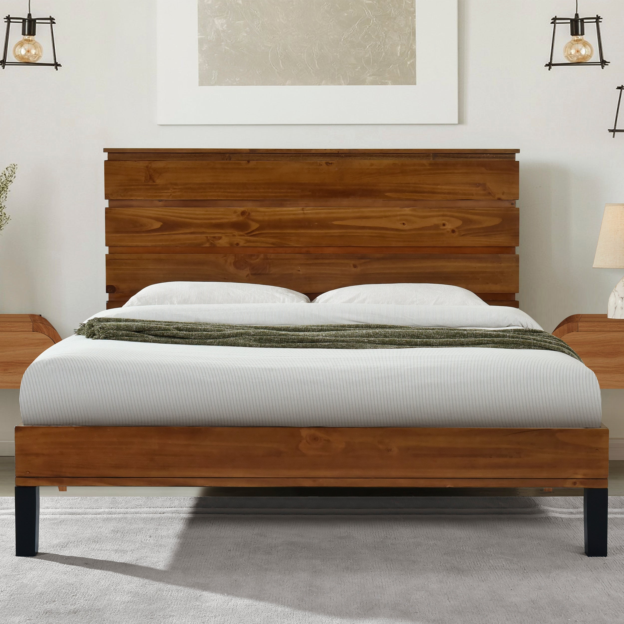 Mid-Century Modern Solid Wood Bed Frame Full Size Platform Bed with Six-Piece Headboard Design, No Box Spring Needed, Brown