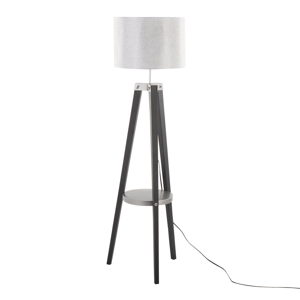 Compass Mid-Century Modern Floor Lamp with Shelf in Black Wood, Silver Metal and Grey Linen by LumiSource