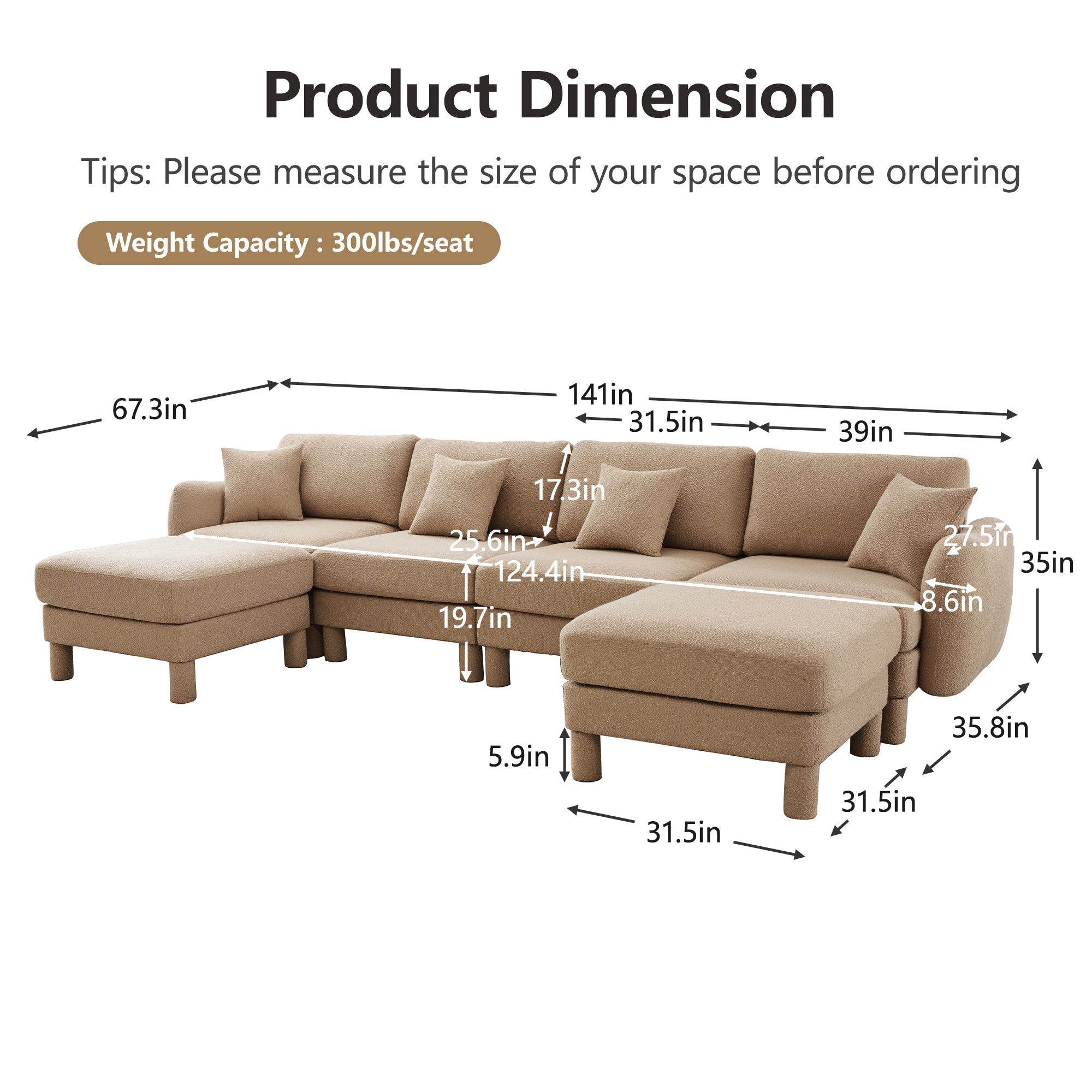 Boucle Fabric U Shape Sectional 4-seater Sofa Couch With Distinctive Shell-shaped Armrests And 2 Movable Ottomans,Cylindrical Legs Wrapped with Self-fabric,Coffee Color
