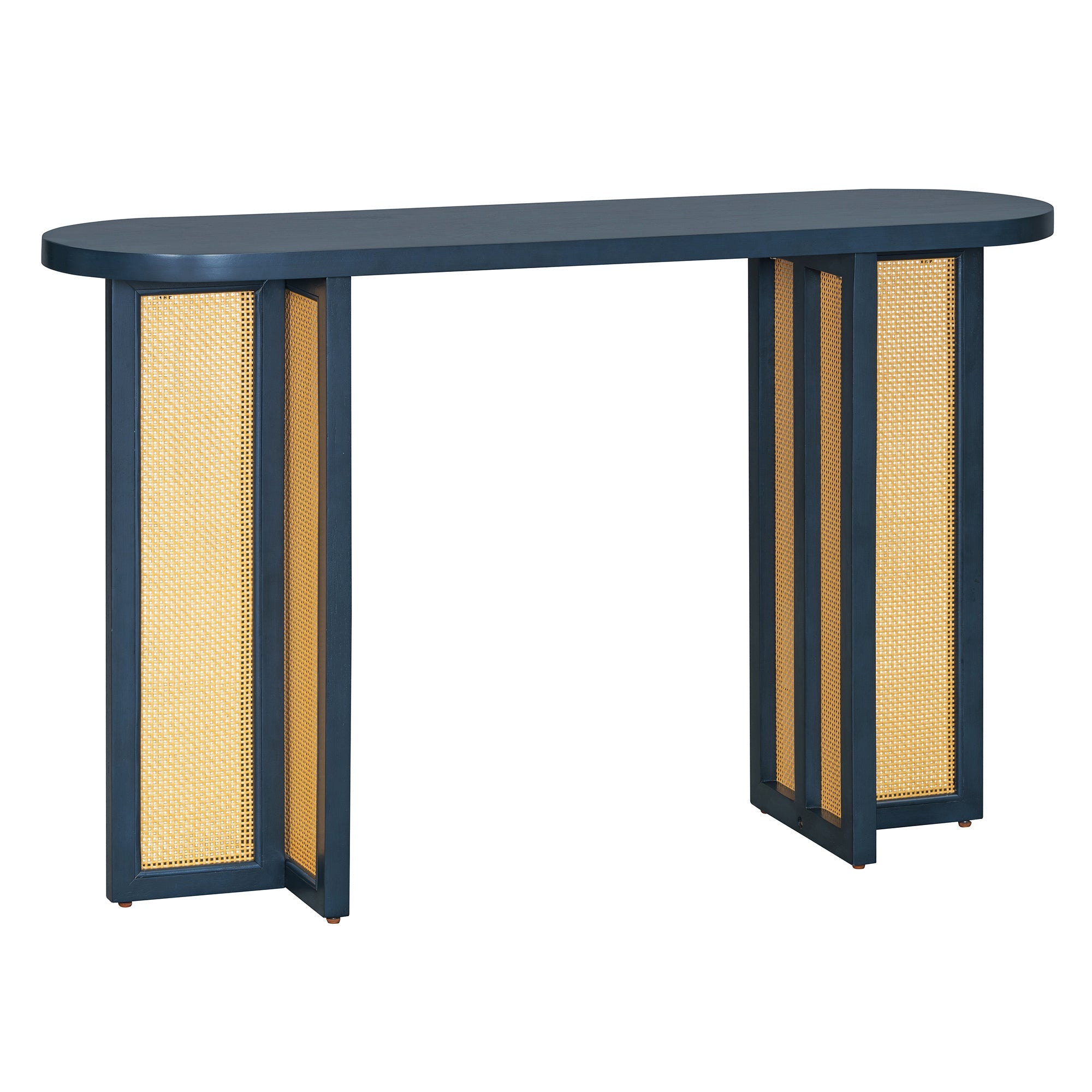 TREXM Farmhouse Rattan Console Table Entryway Table, Narrow Console Table with Storage, Hallway Table for Living Room, Entrance (Navy)