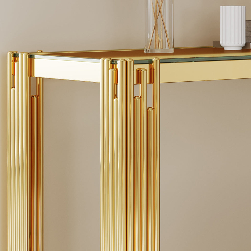 Top and Bottom Double Layer Tempered Glass Console Table and Mirror Finished Stainless Steel Frame