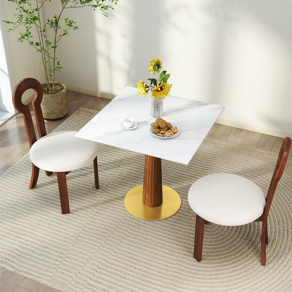 Modern Square Dining Table, 33.5' Sintered Stone Table with Wooden Leg & Gold Base, 2 - Person Kitchen Table for Small Space, 150lbs Weight Capacity(Only the Negotiation Table)