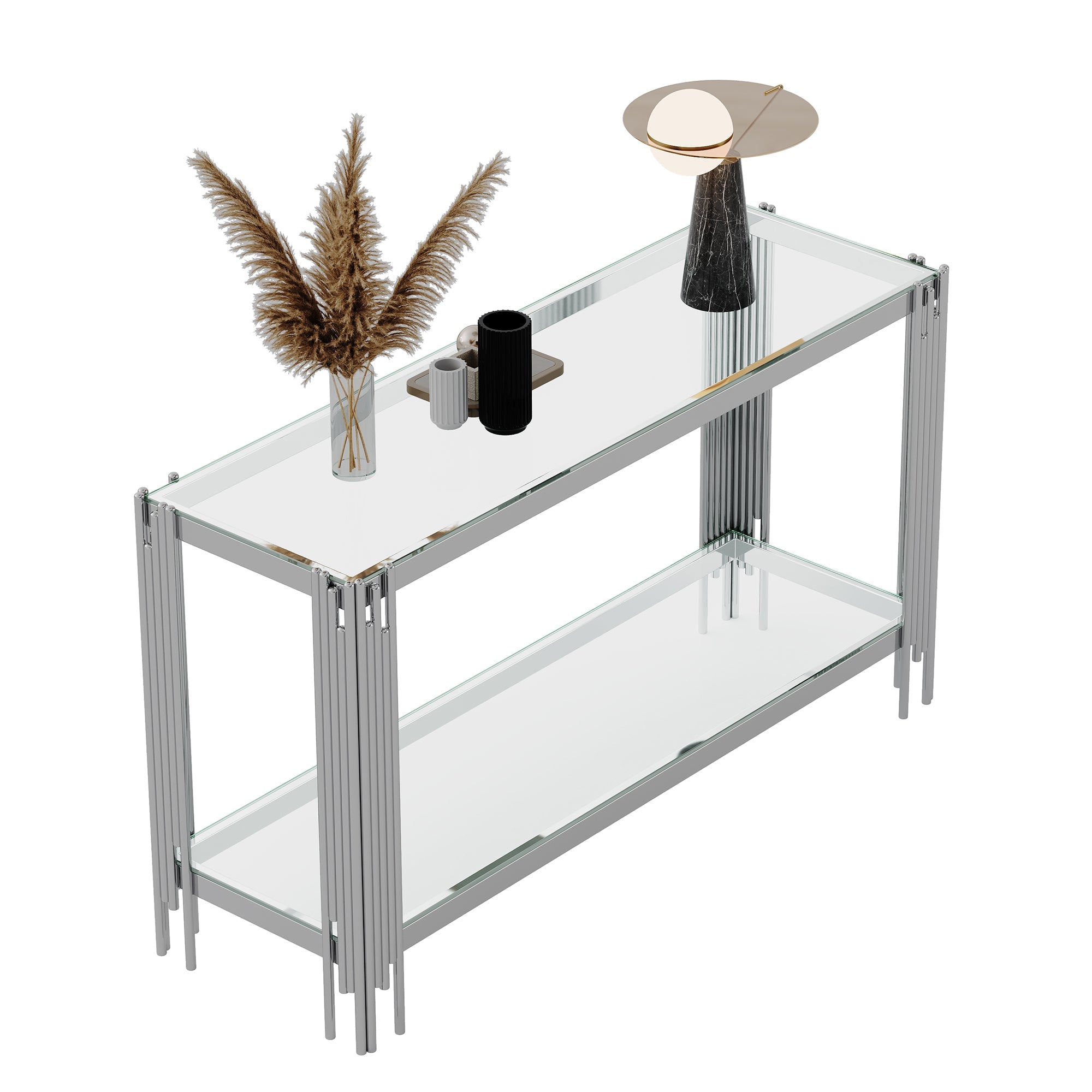 Top and Bottom Double Layer Tempered Glass Console Table and Mirror Finished Stainless Steel Frame