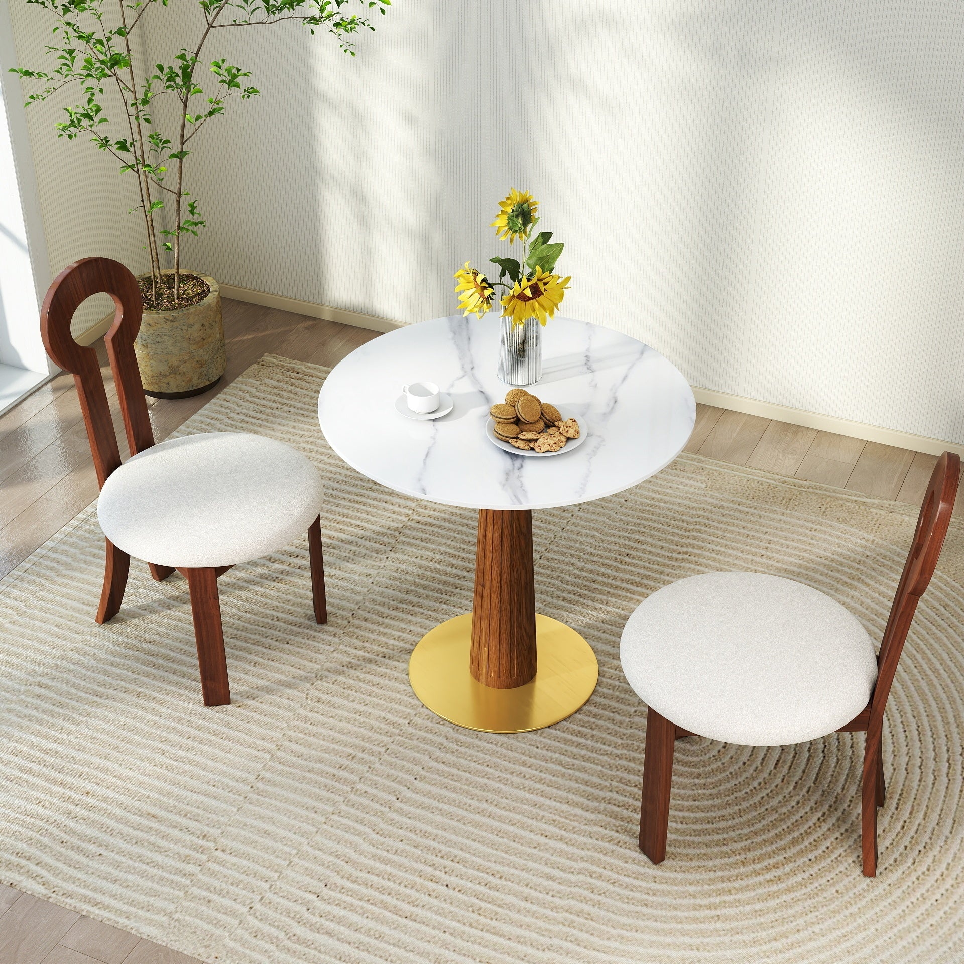 Modern Round Dining Table, 33.5' Sintered Stone Table with Wooden Leg & Gold Base, 2 - Person Kitchen Table for Small Space, 150lbs Weight Capacity(Only the Negotiation Table)