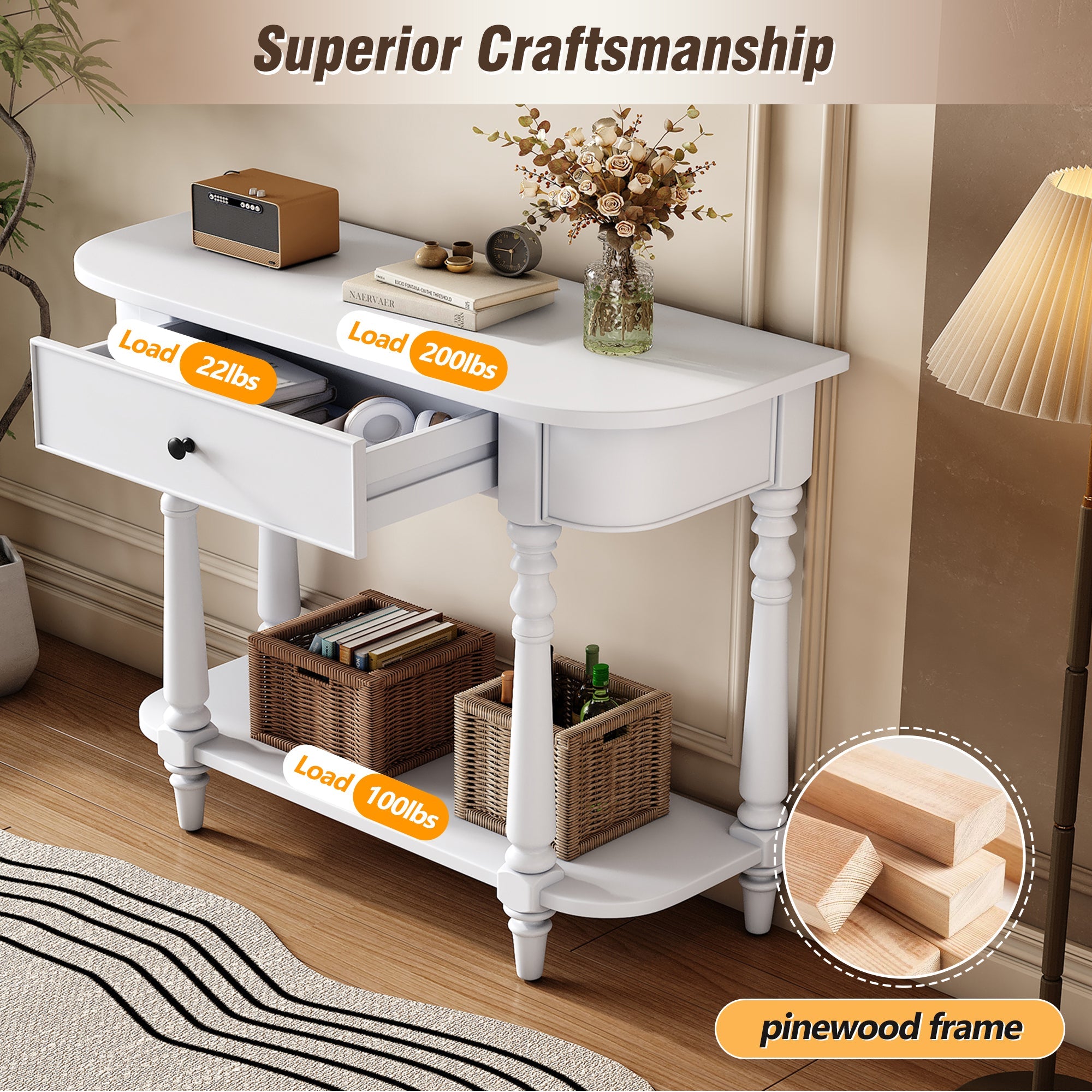 TREXM Narrow Console Table with Curved Corner, Retro Entryway Table with Top Drawer and Open Shelf, Sofa Table Console Tables for Entryway, Hallway and Living Room (White)