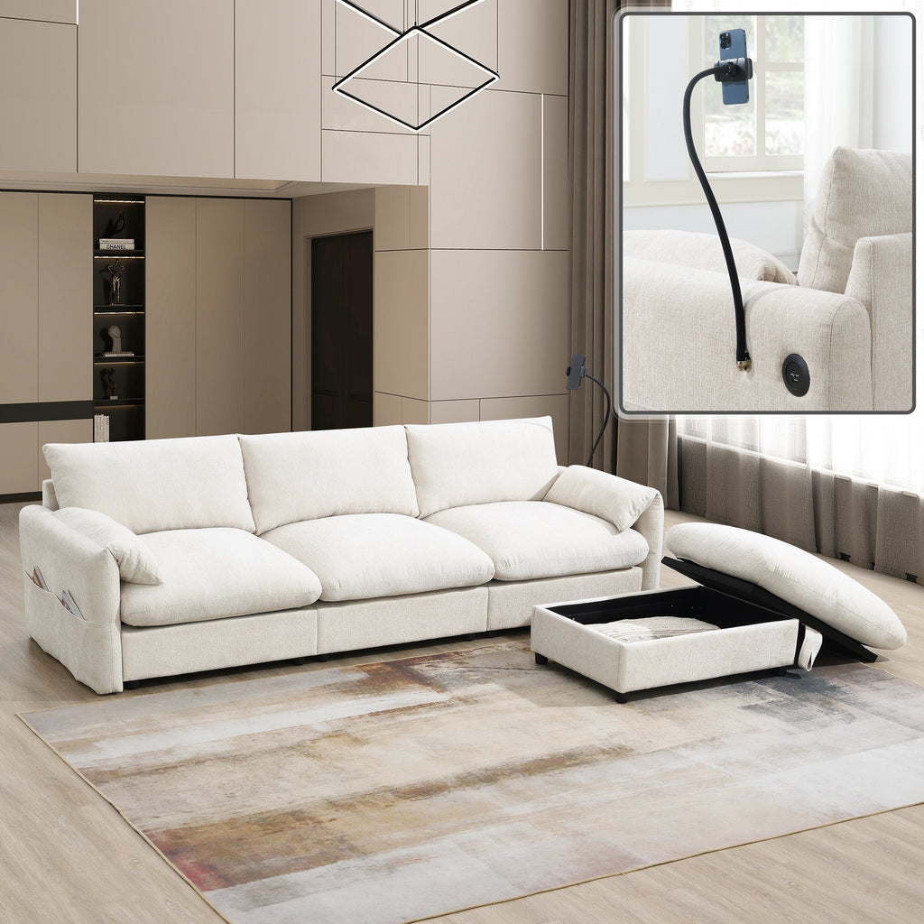 96.5'' Chenille Sectional Sofa with Storage Ottoman and Pockets,Adjustable Phone Holder,Wide Seat,4 Seat L Shaped Couch Set,Comfy Sofa with USB Charger for Living Room,Apartment,3 Colors