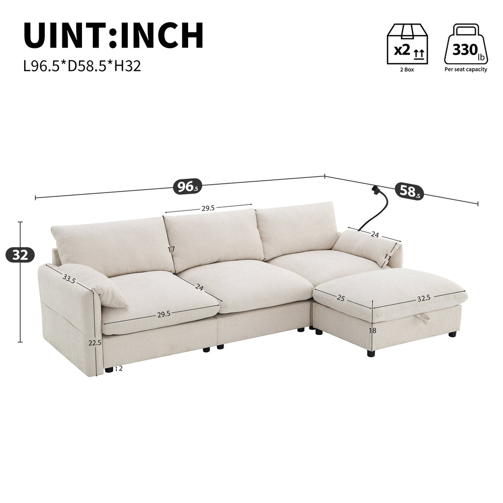 96.5'' Chenille Sectional Sofa with Storage Ottoman and Pockets,Adjustable Phone Holder,Wide Seat,4 Seat L Shaped Couch Set,Comfy Sofa with USB Charger for Living Room,Apartment,3 Colors