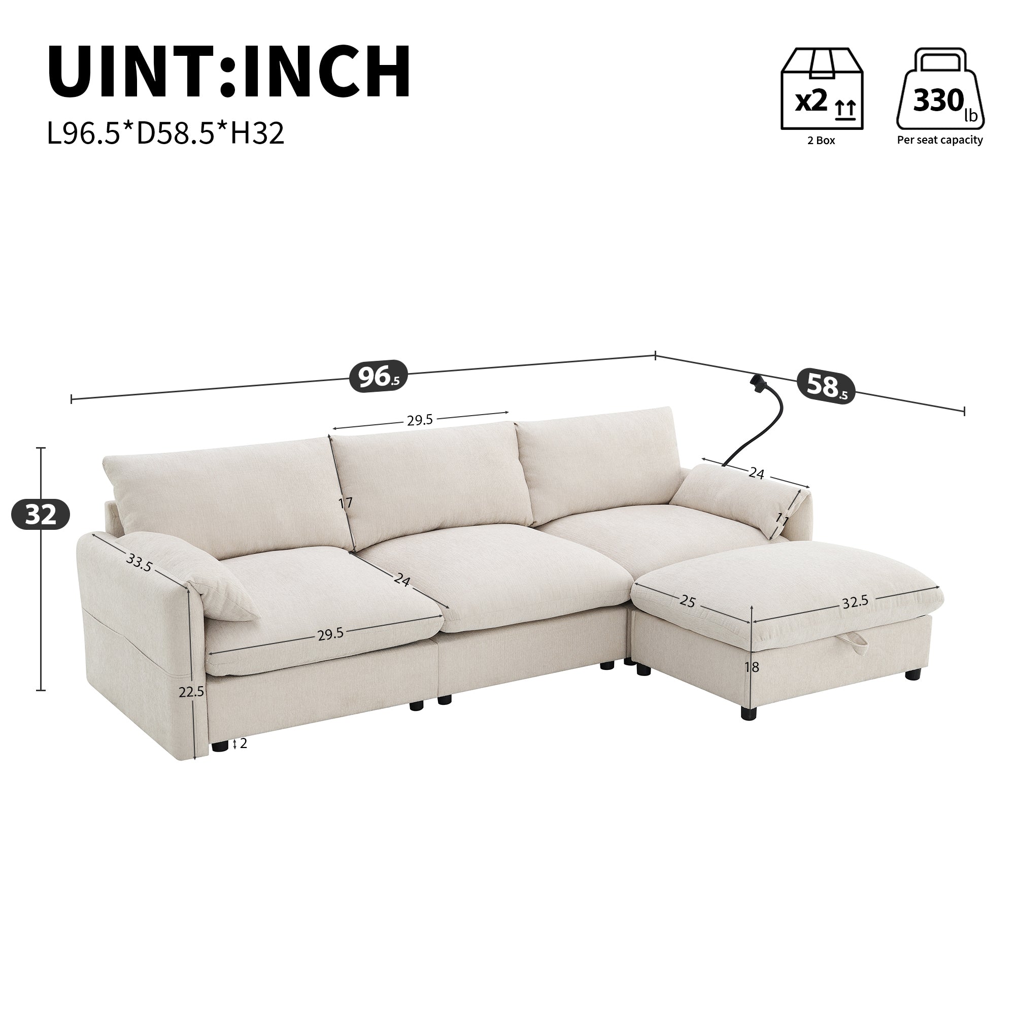 96.5'' Chenille Sectional Sofa with Storage Ottoman and Pockets,Adjustable Phone Holder,Wide Seat,4 Seat L Shaped Couch Set,Comfy Sofa with USB Charger for Living Room,Apartment,3 Colors