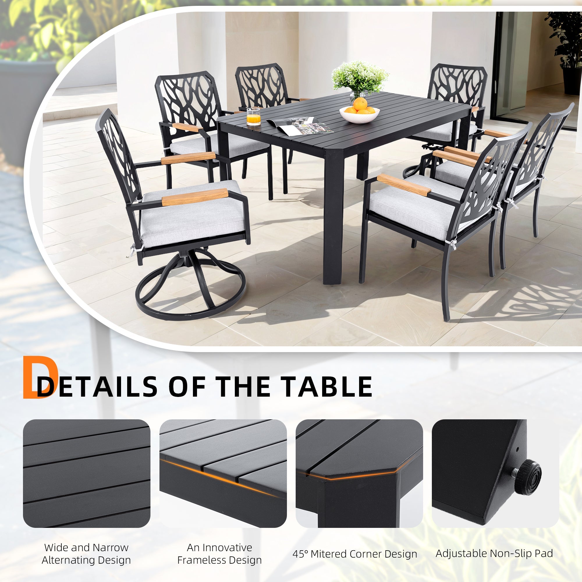 7-PC Outdoor Patio Aluminum Furniture Set, with 4 Dining Chairs & 2 Swivel Rockers Sunbrella Fabric Cushioned, Nature-Inspired Branch-Like Backrest, Rectangular Table with Umbrella Hole,Bourbon Brown
