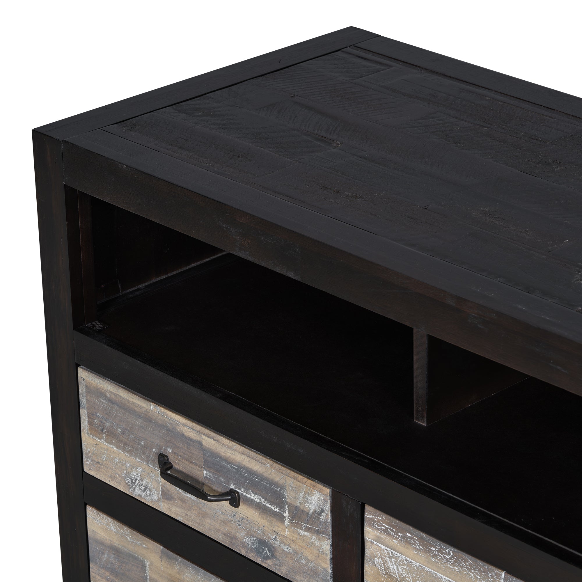 U-Can Retro Distressed Wooden TV Stand for TVs up to 65 Inches, Entertainment Center Media Console with 6 Drawers and 3 Shelves for Living room, Black