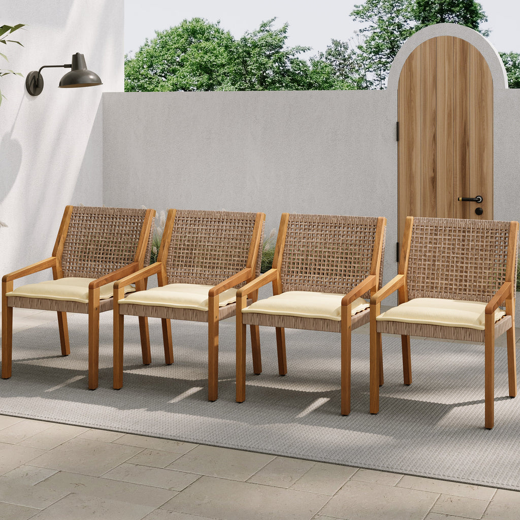 Outdoor Dining Set – Premium Acacia Wood Della Table & Wicker Chairs with Cream Cushion for Comfortable Dining Experience,Suitable for large gatherings(1 Table + 4 Chairs)