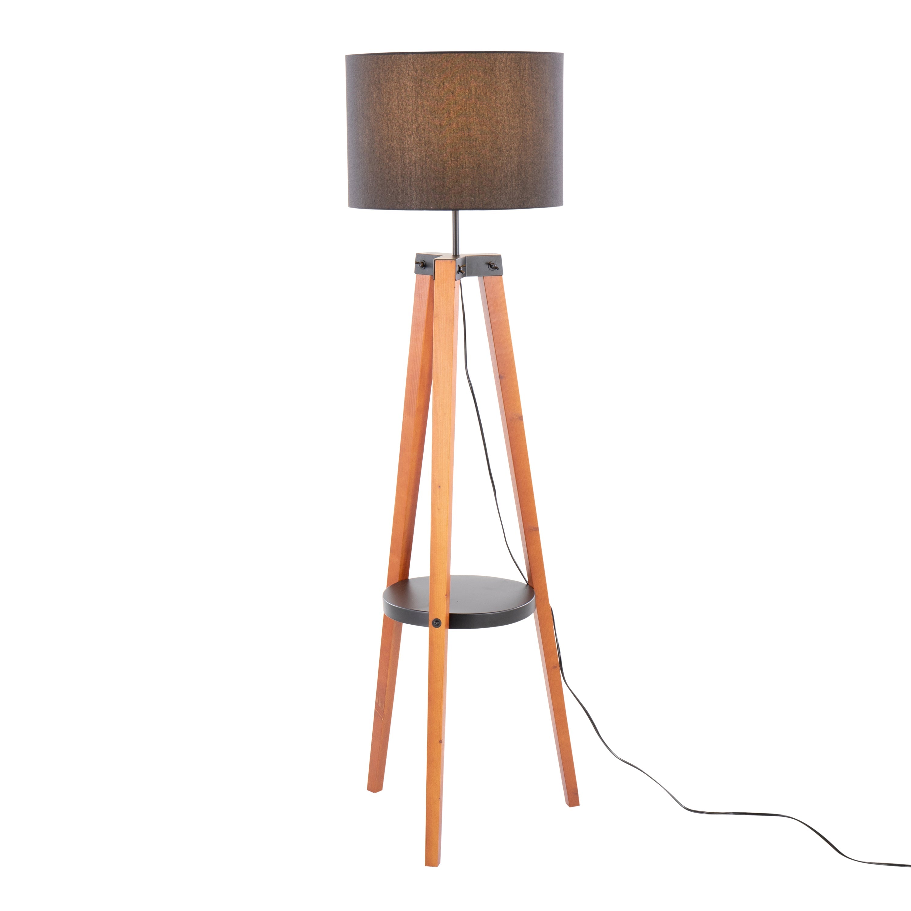 Compass Mid-Century Modern Floor Lamp with Shelf in Walnut Wood, Black Metal and Black Linen by LumiSource