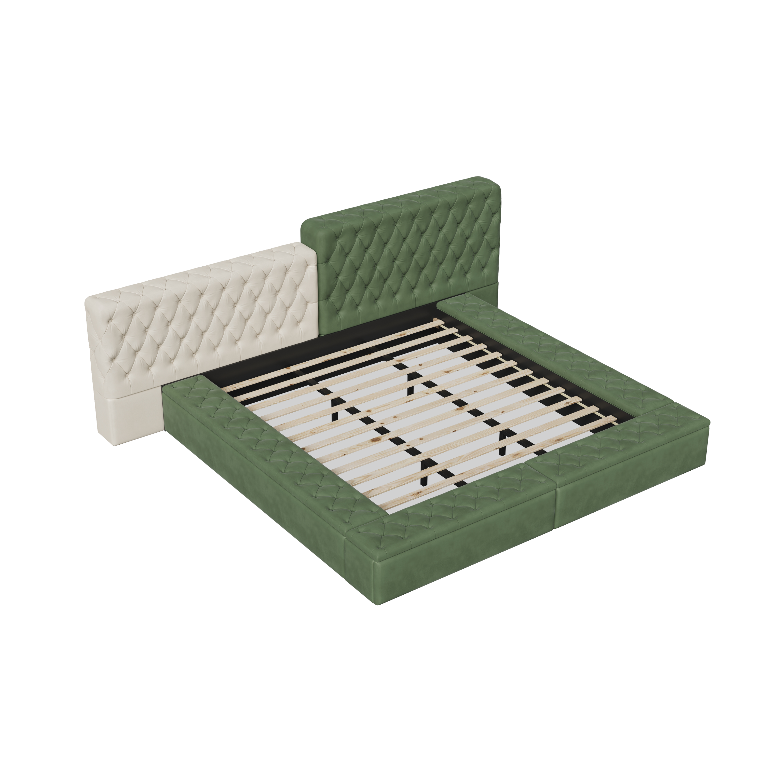 Contemporary Special-shaped Fully Upholstered Bed with Deep Button Tufting and Storage Compartments in Rails and Footboard,No Box Spring Needed,King,Green