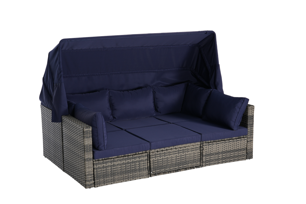 5 Pieces Outdoor Patio Wicker Daybed Furniture Set with Retractable Canopy, Storable Side Table, and Soft Cushions for Relaxing in Your Backyard or Porch
